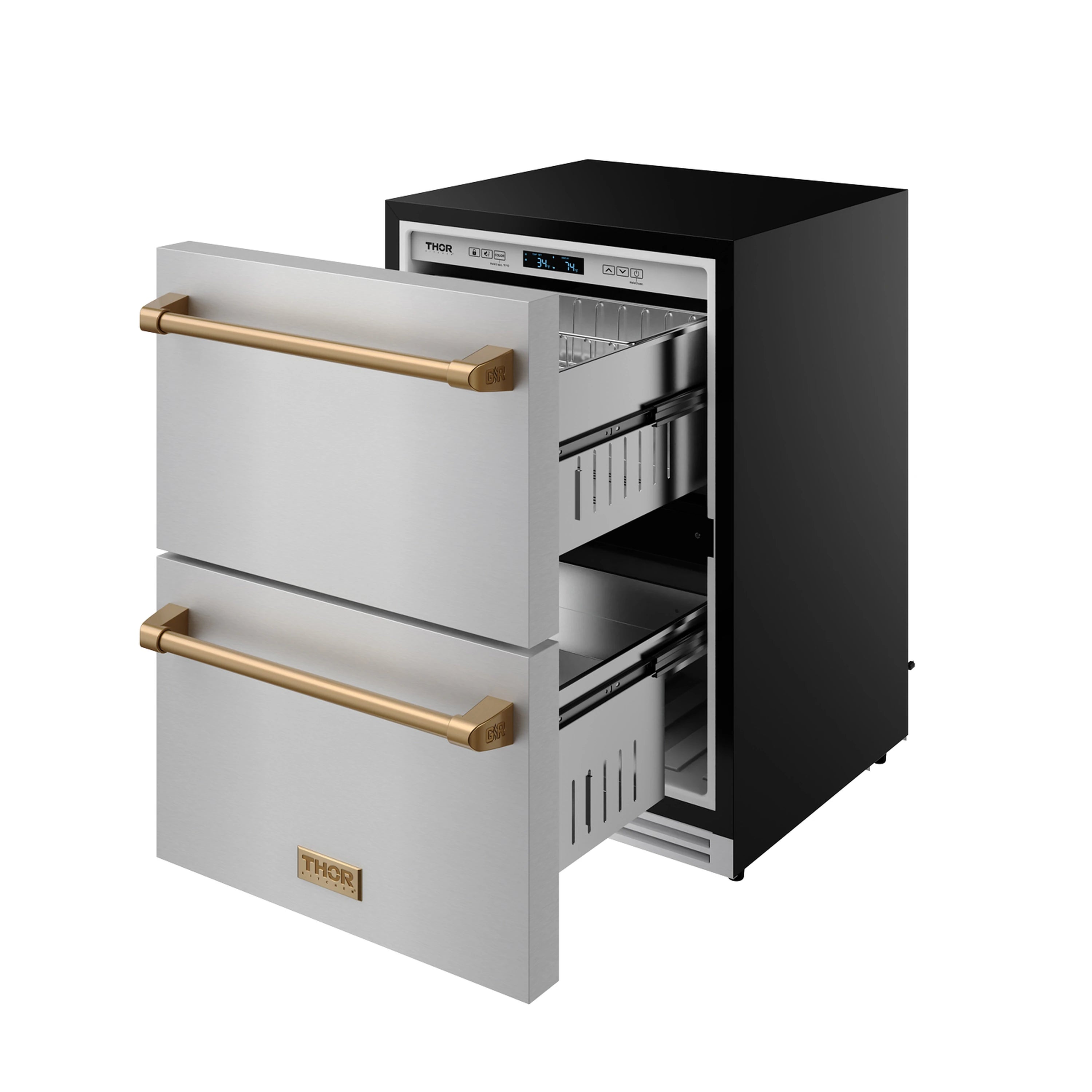 Drawer refrigerator with stainless front; open compartments and bronze pull handles