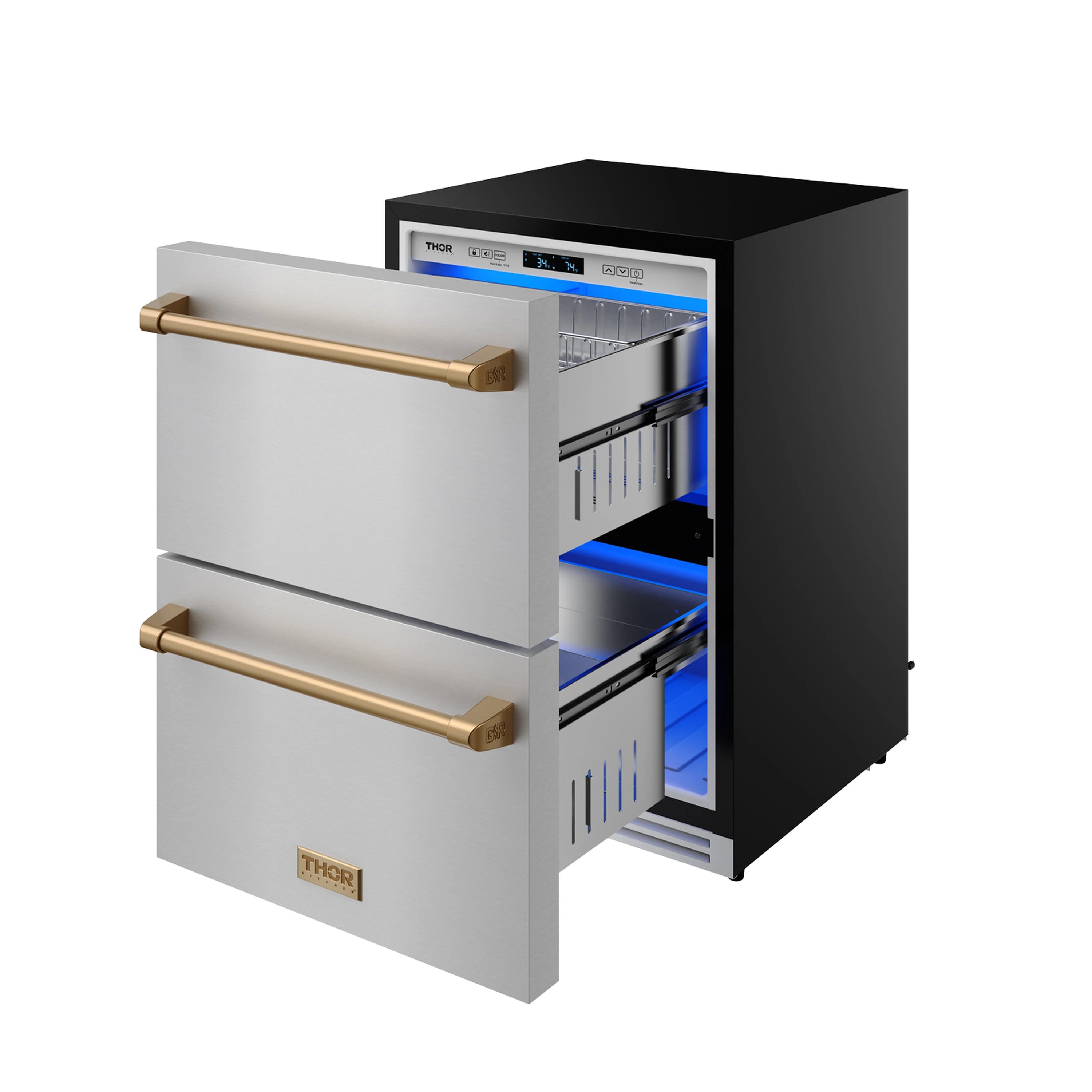 Drawer refrigerator with open compartments showing blue interior light and bronze handles