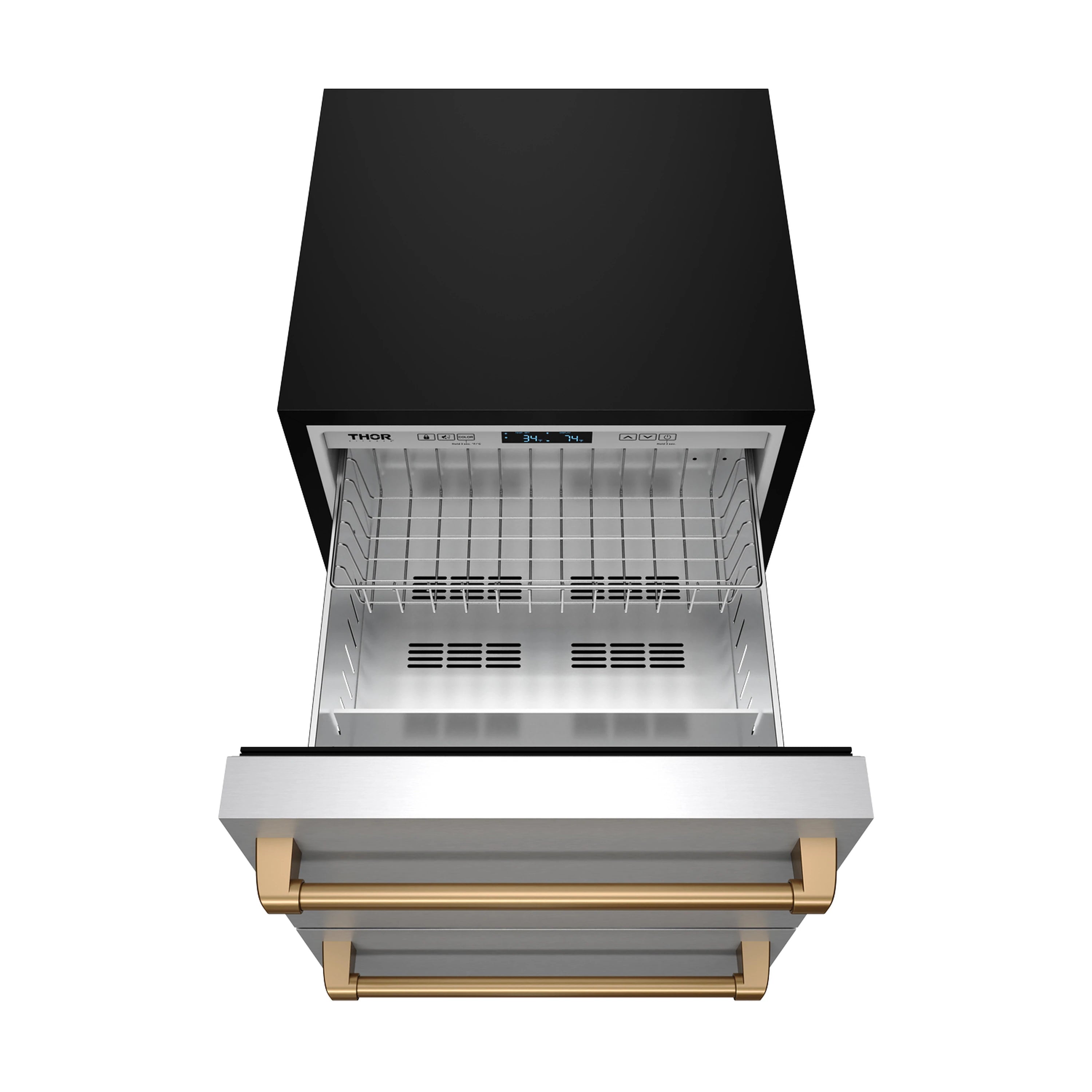 Open drawer refrigerator top with empty metal racks and bronze lower handle