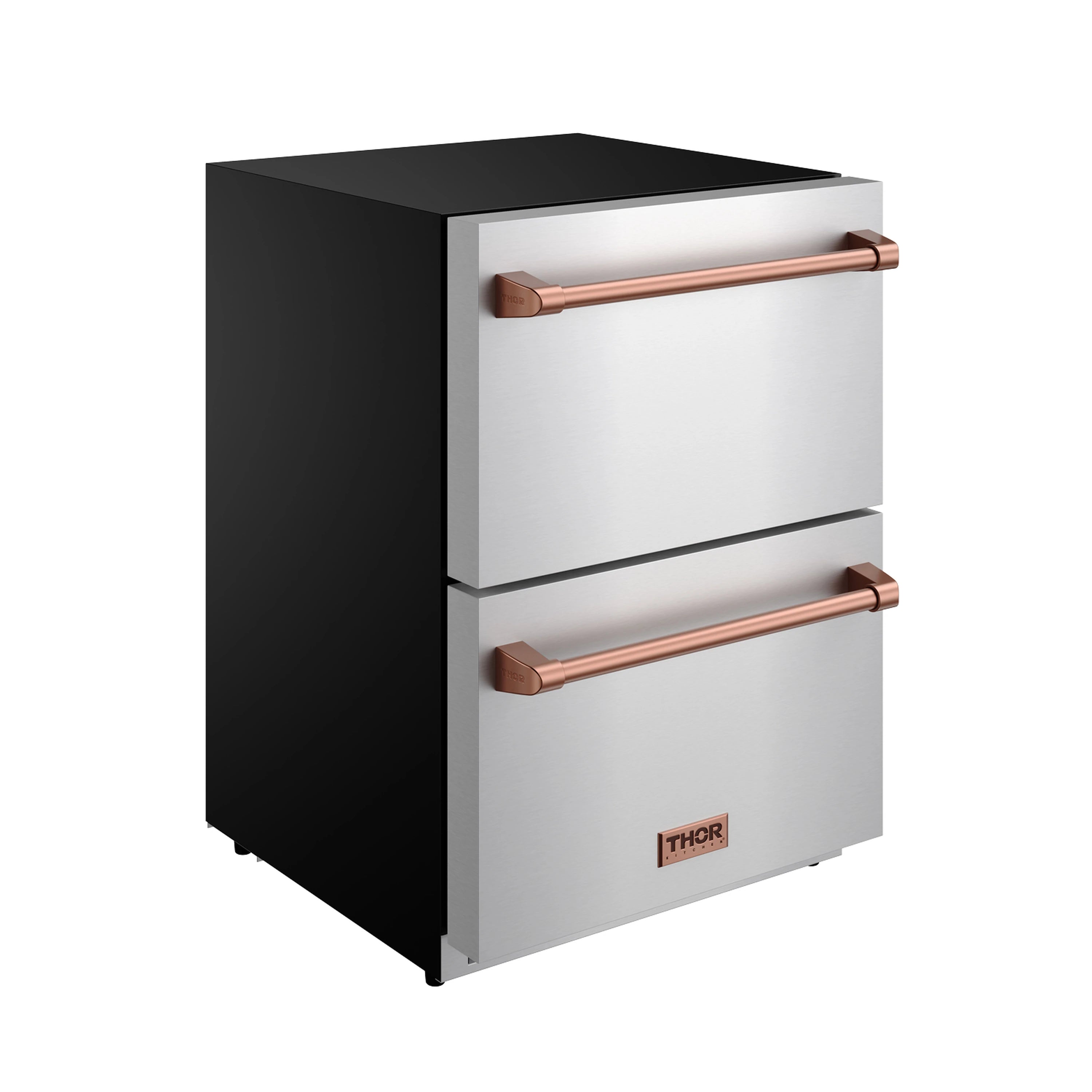 Stainless steel drawer refrigerator with black side panels and rose gold handles