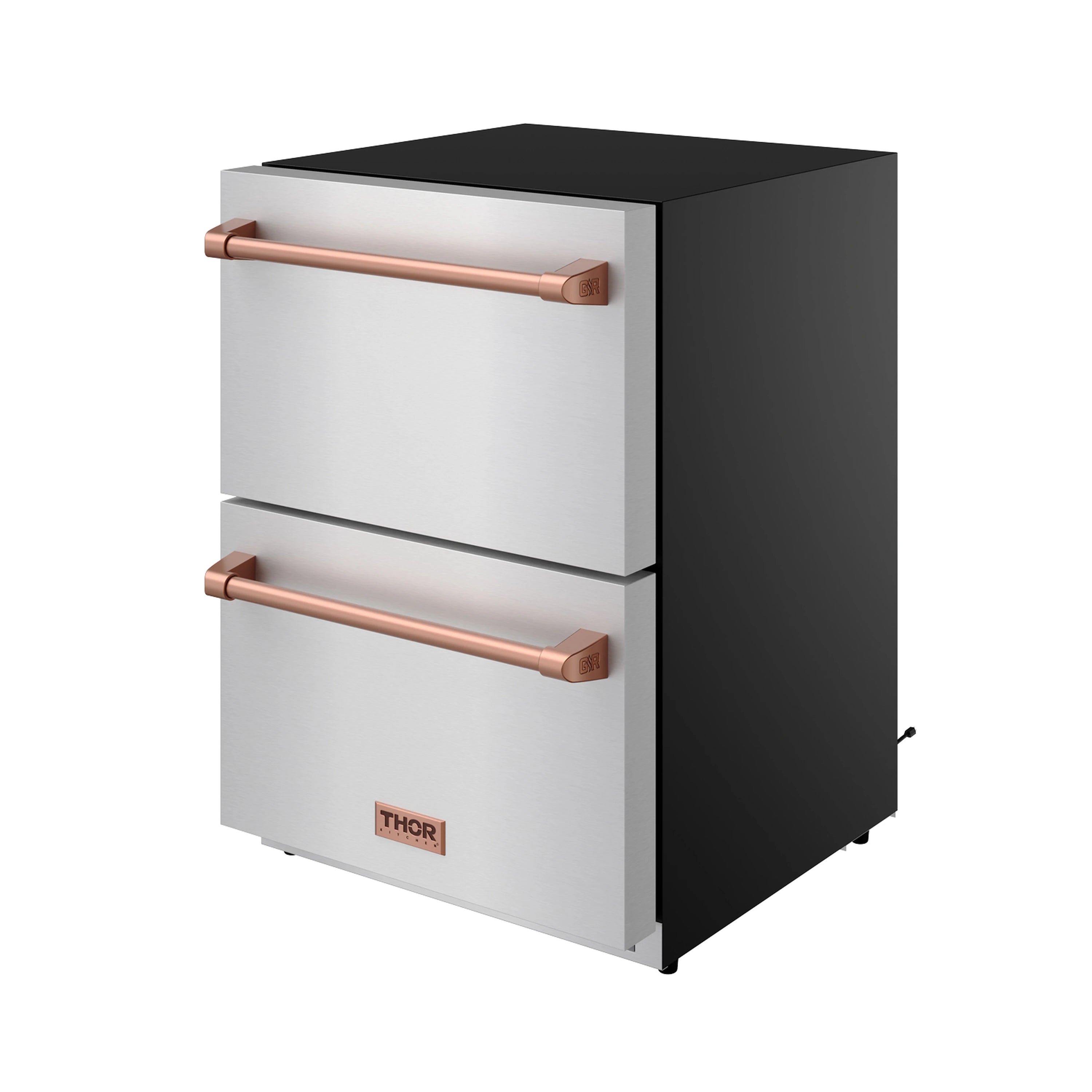 Undercounter drawer refrigerator with matte black door panels and rose gold handles