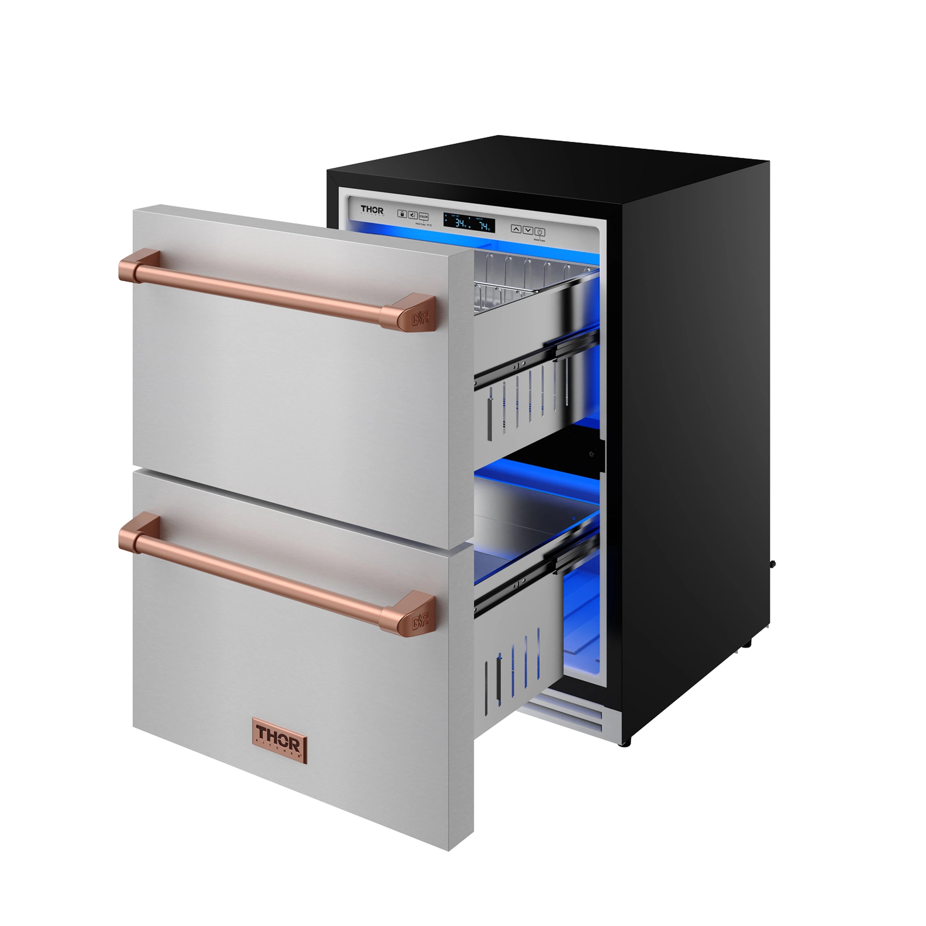 Stainless drawer refrigerator with open doors, blue interior lighting, rose gold handles