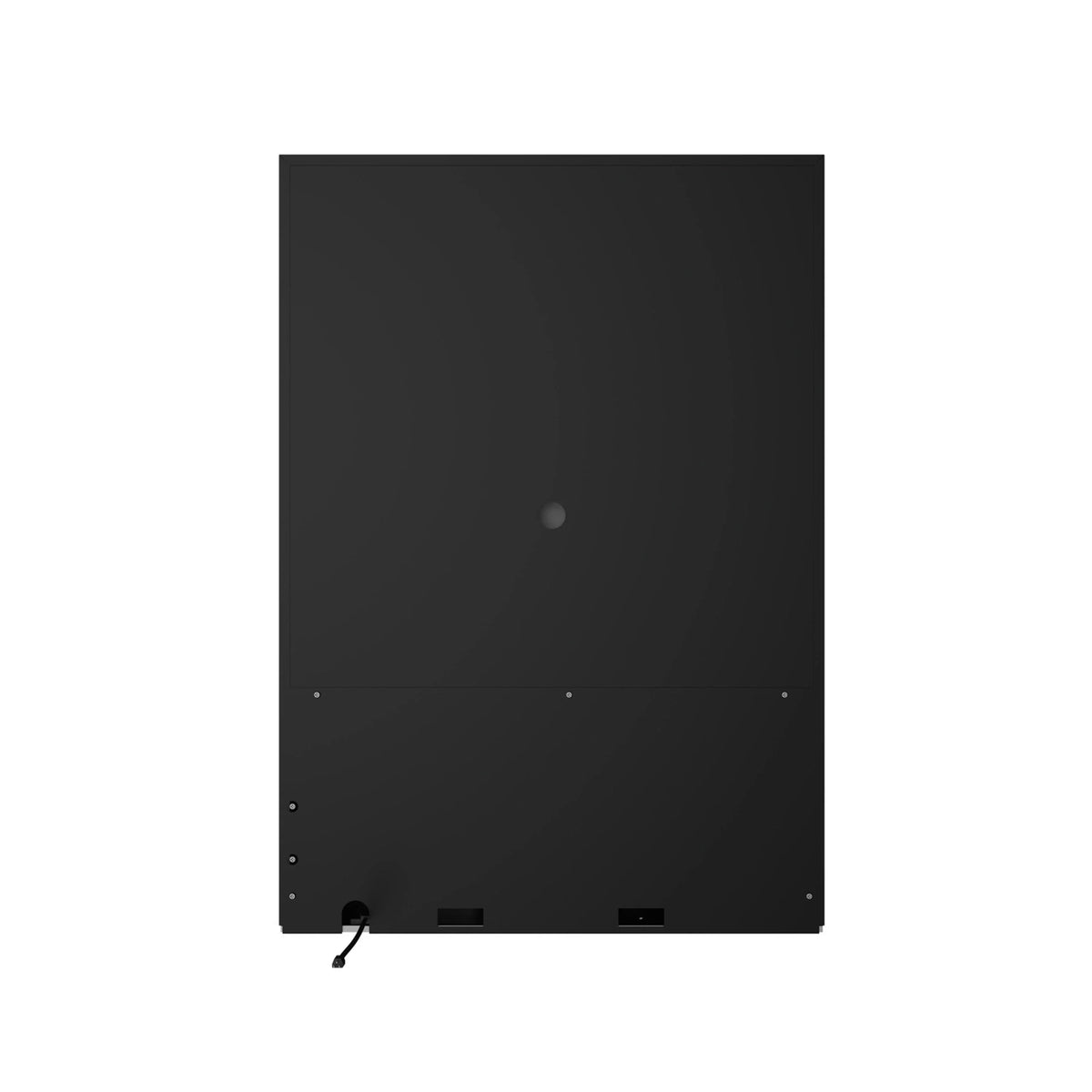 Back panel of black drawer refrigerator with mounting points and vent openings