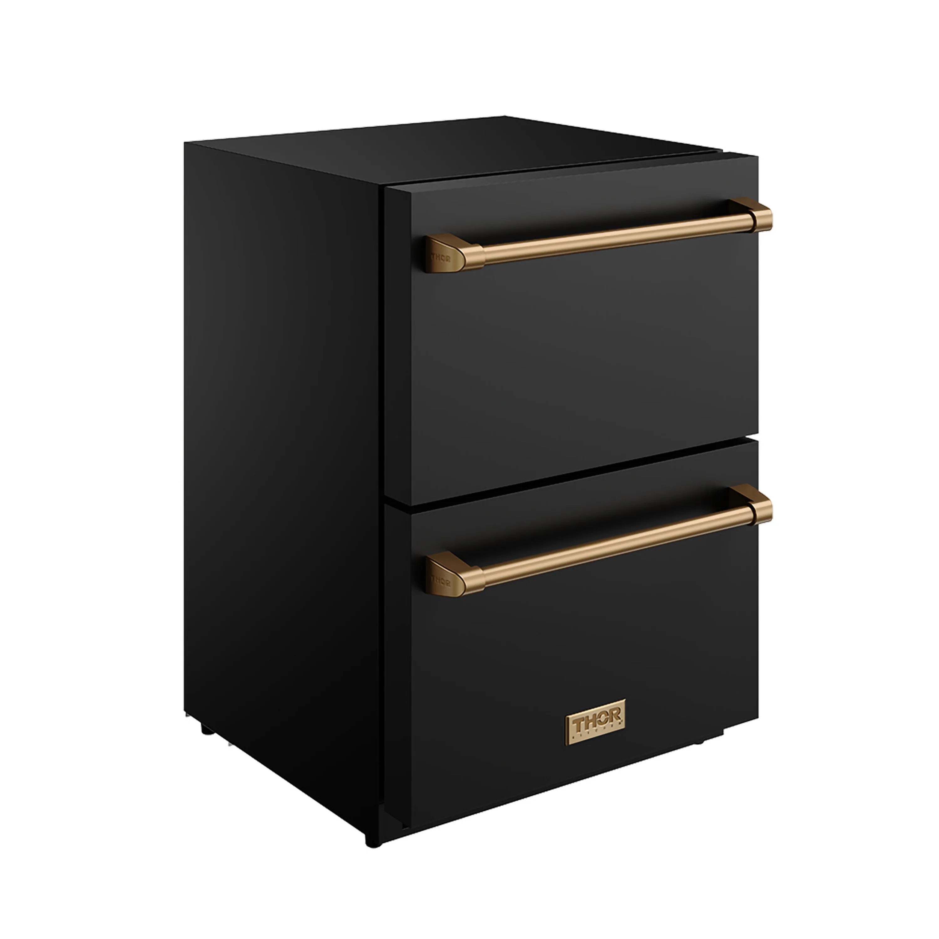 Black drawer refrigerator with bronze handles and THOR logo, side view