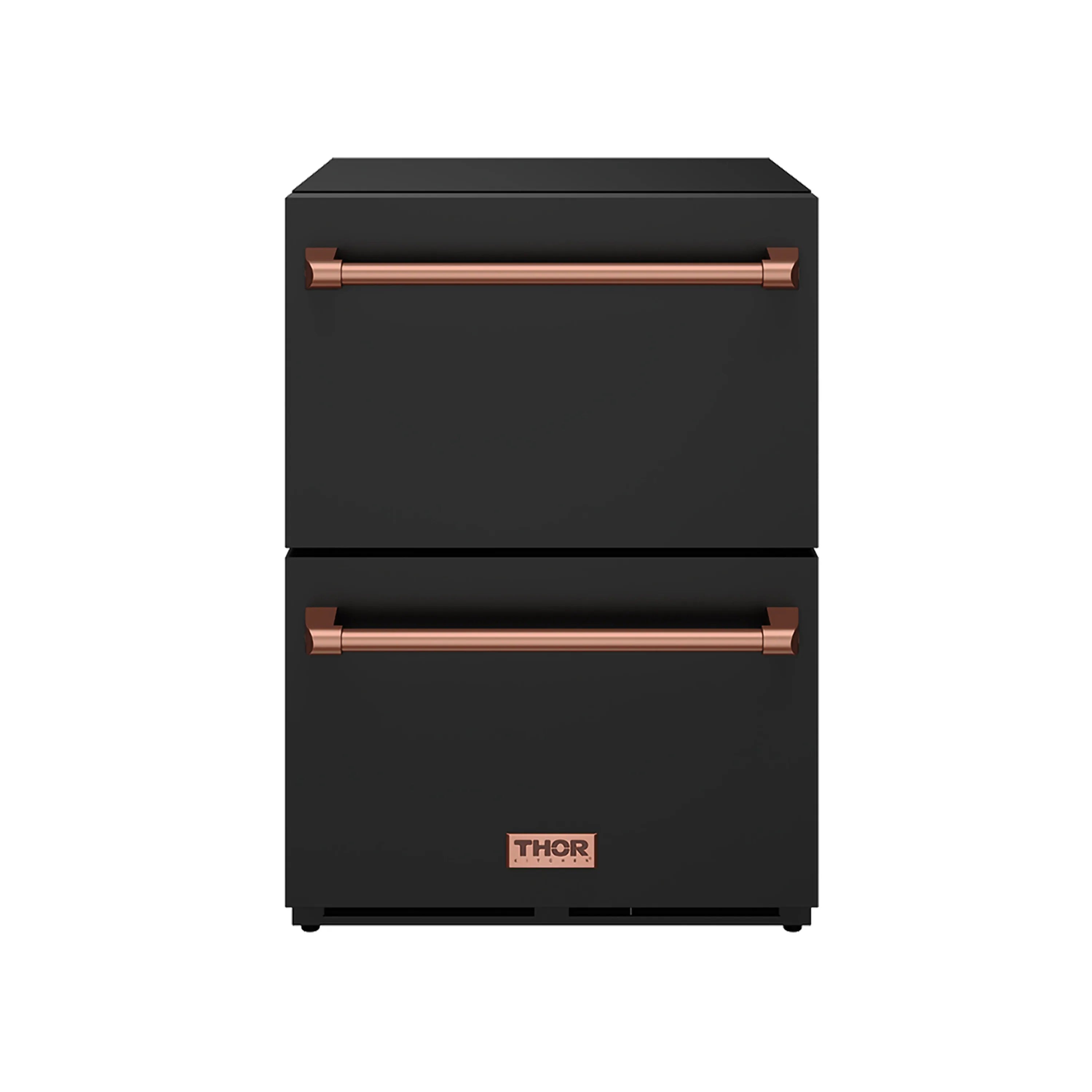 Black two-drawer refrigerator with rose-gold bar handles and THOR emblem