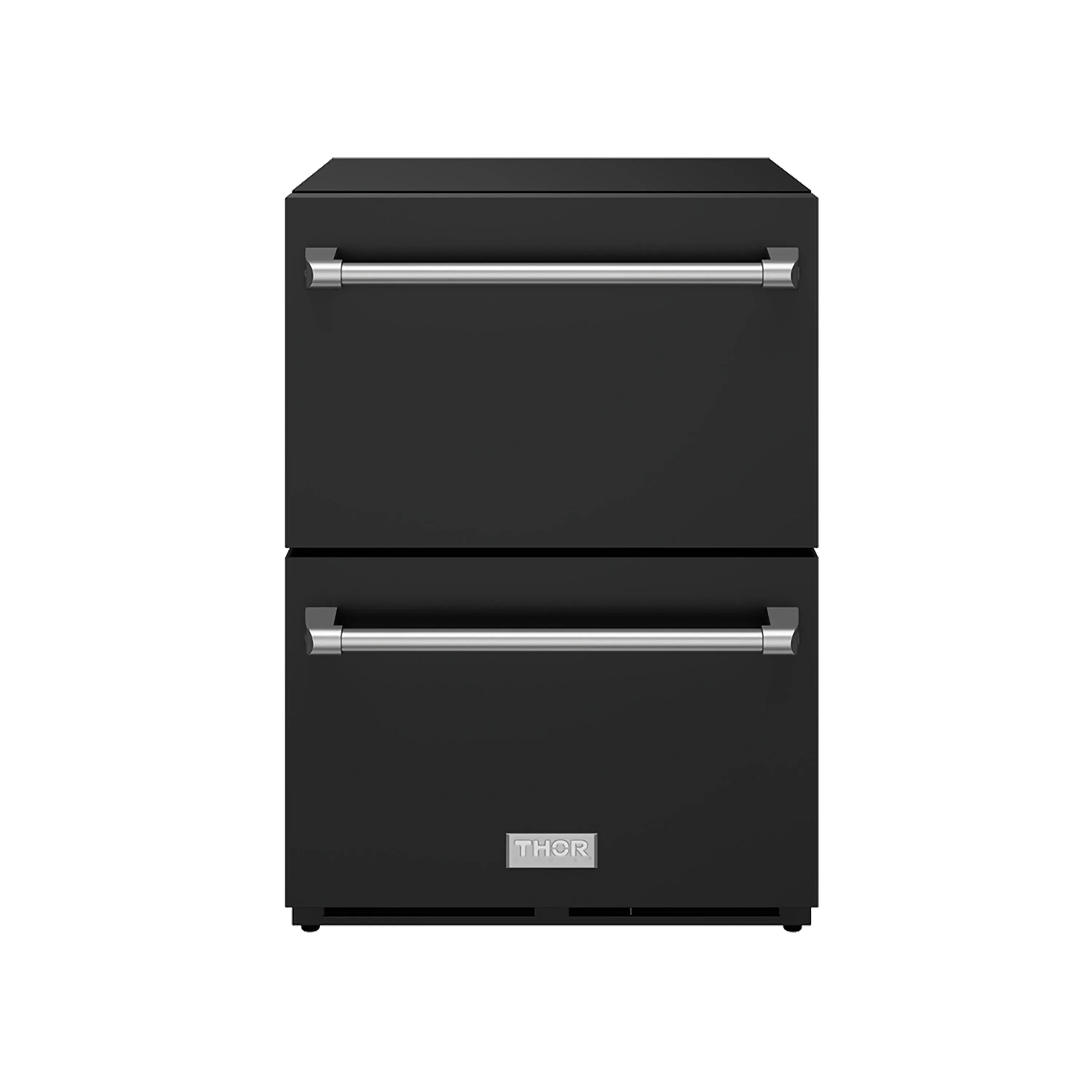 Black drawer refrigerator with two stacked doors and chrome pull handles