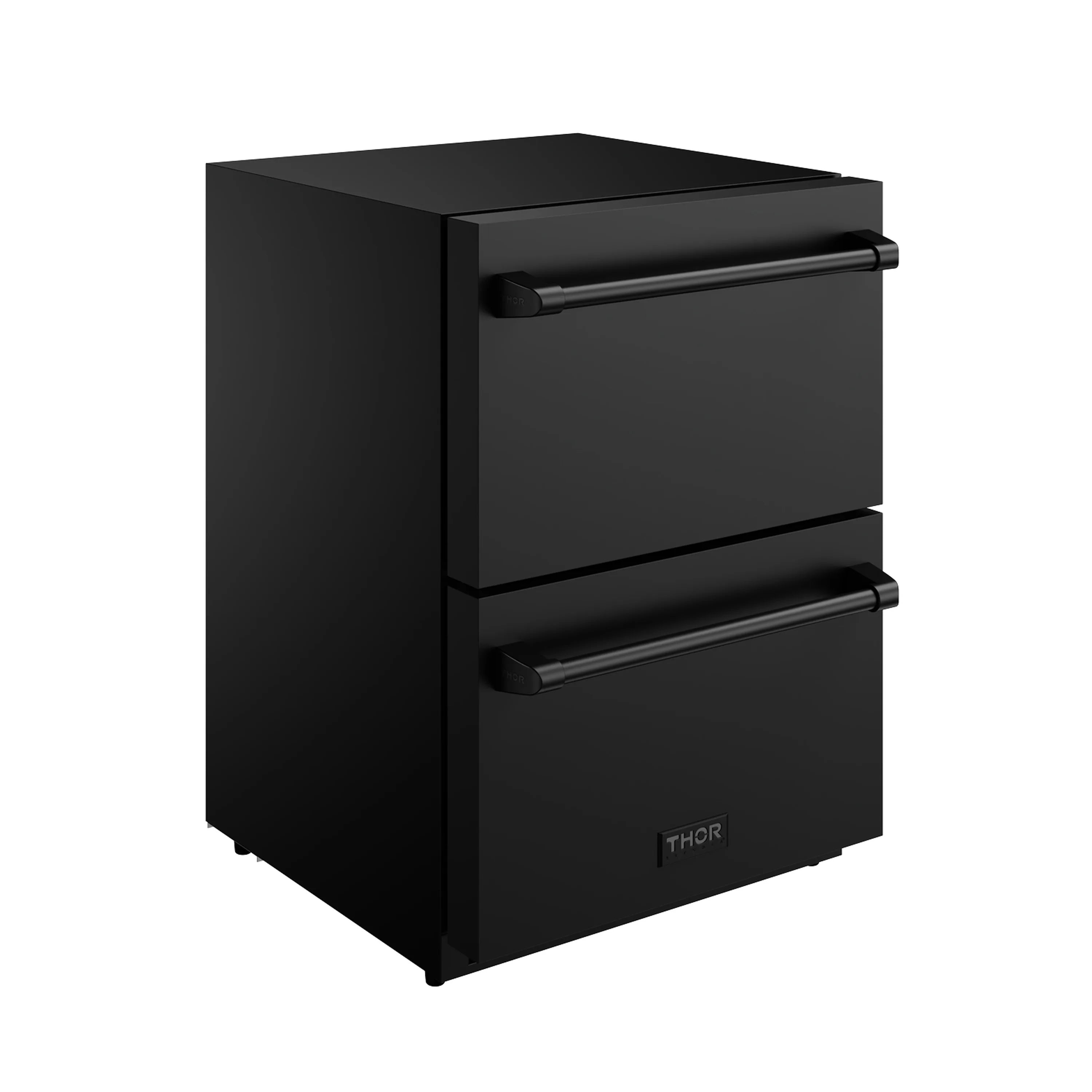 Black freestanding two-drawer refrigerator with side panel and bar handles