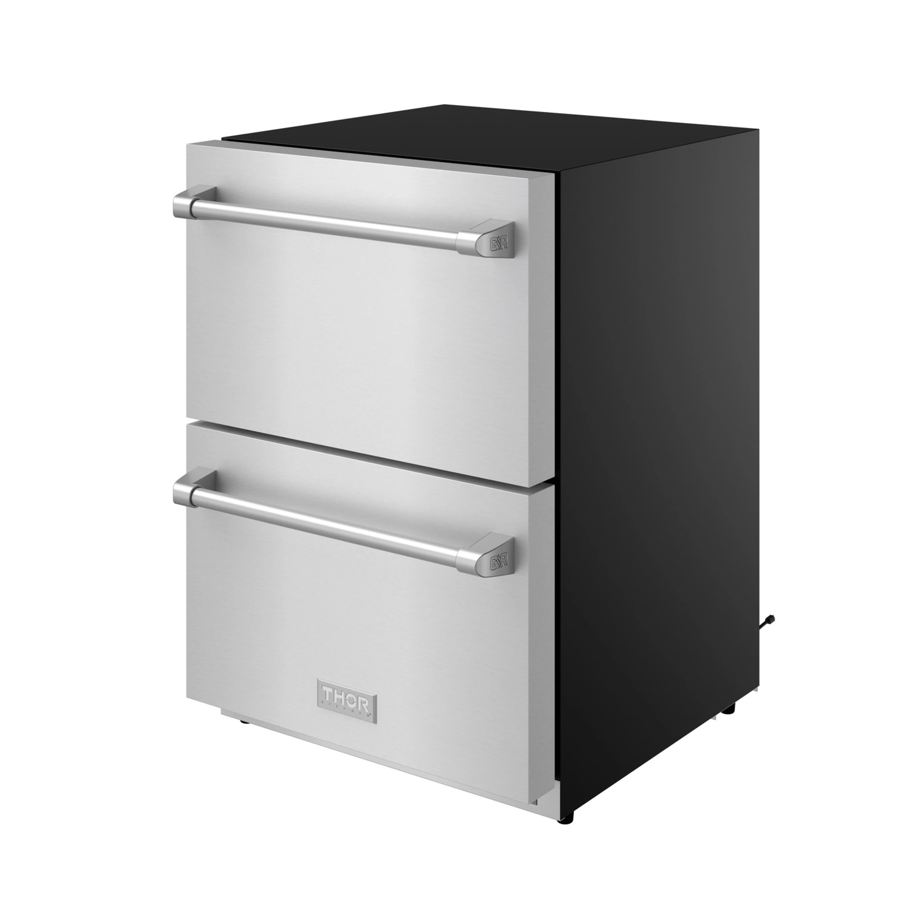 Stainless steel drawer refrigerator with one drawer open and front bar handles
