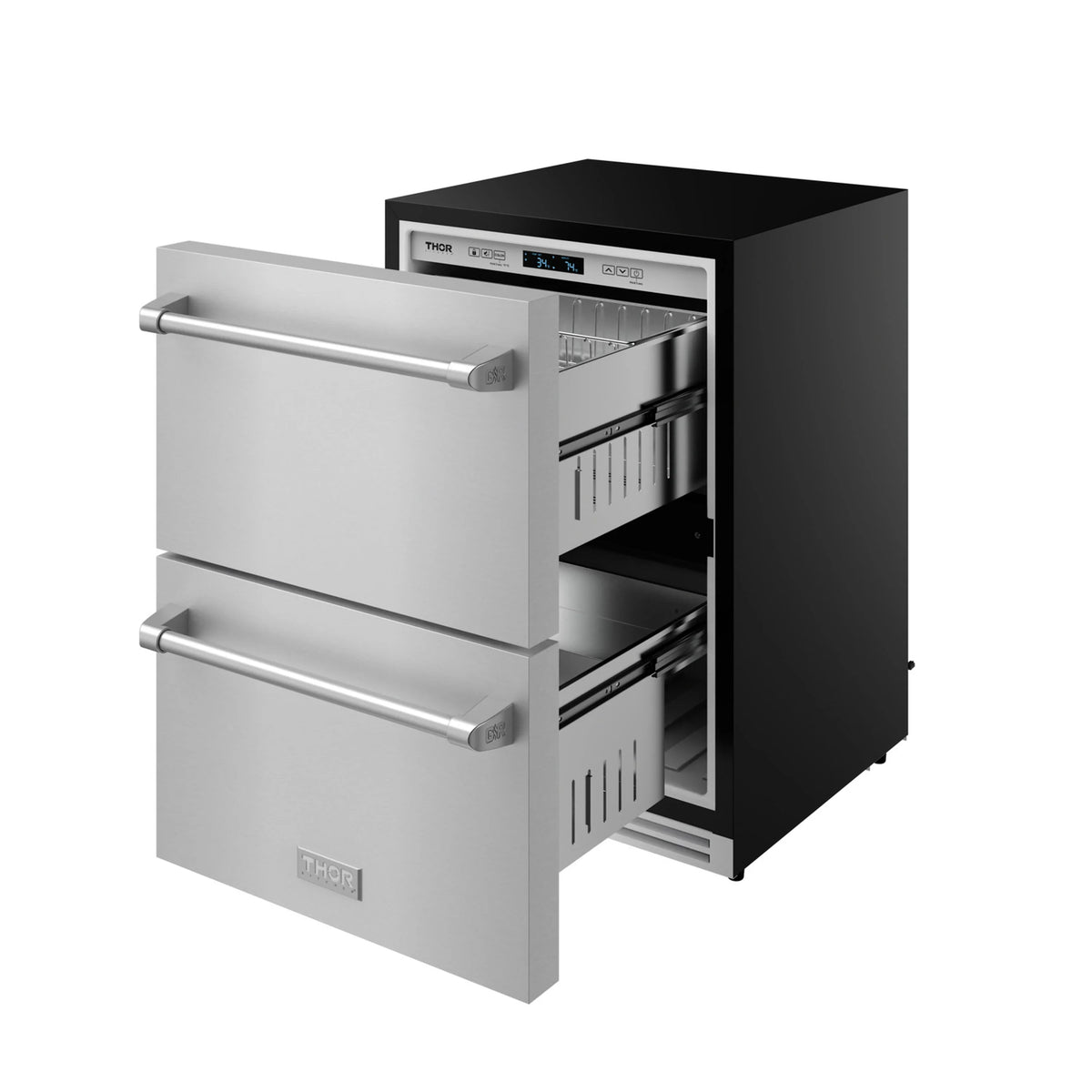 Stainless steel drawer refrigerator with both drawers open, showing interior storage