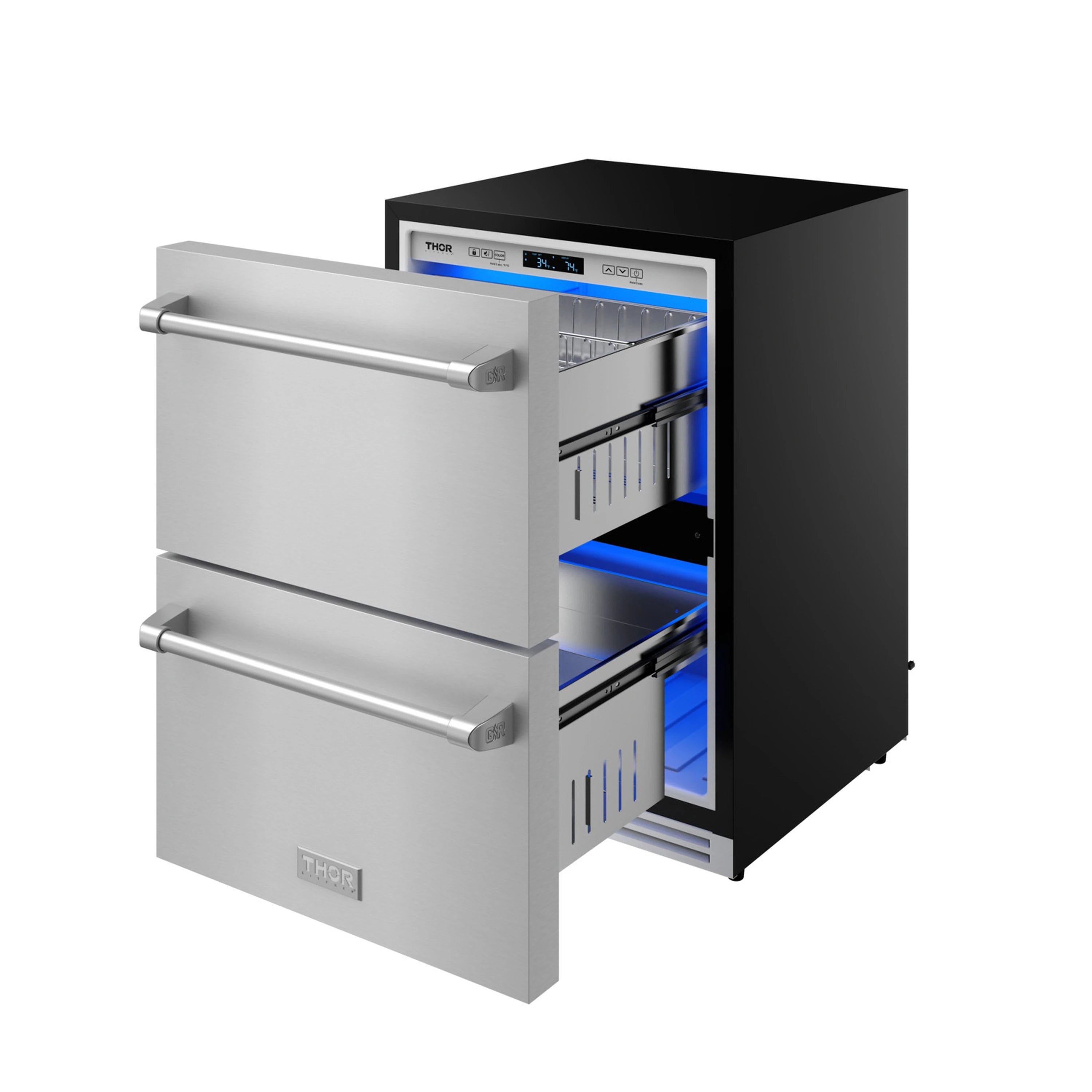Stainless steel drawer refrigerator with open drawers and blue interior lighting