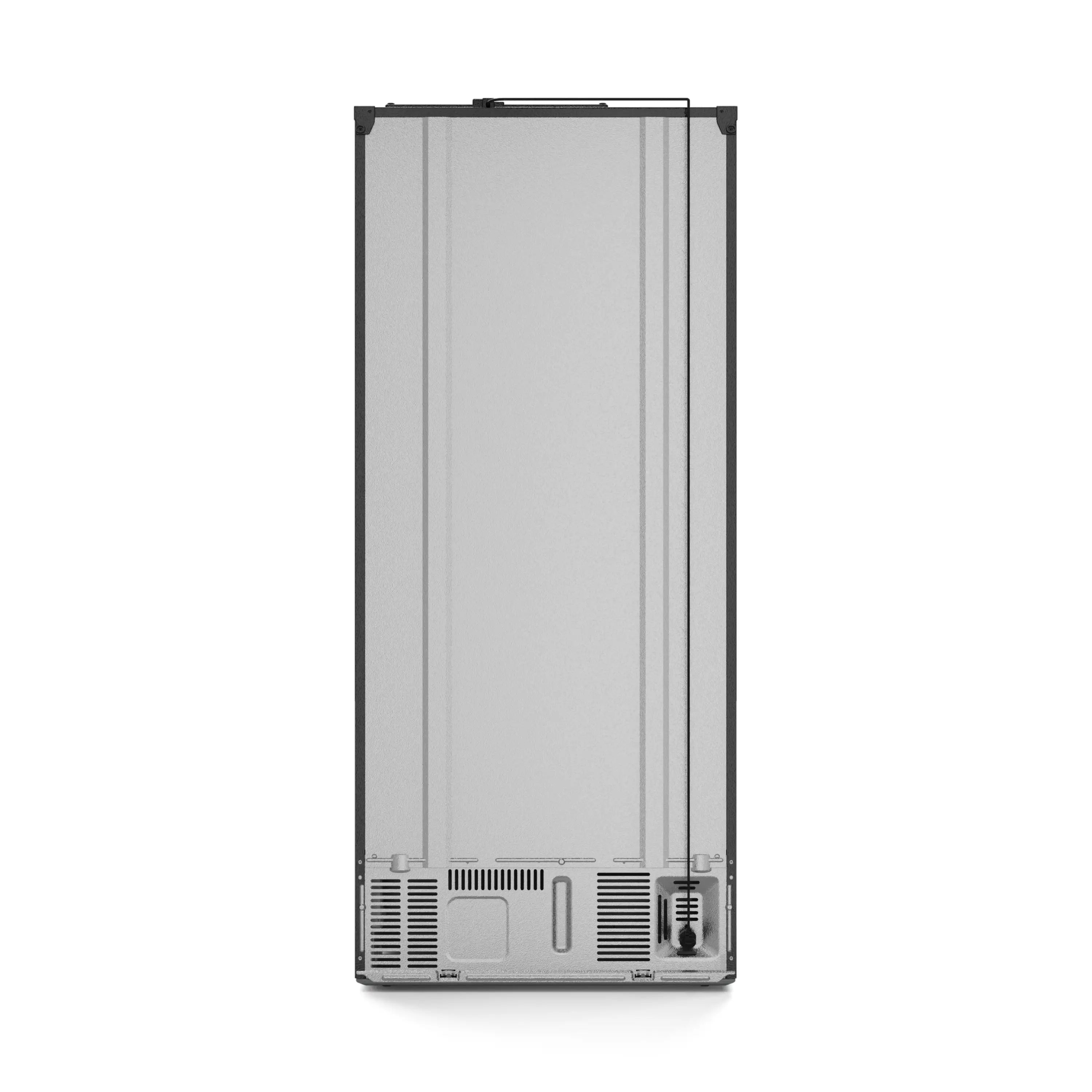 Bottom view of black refrigerator with vented base and leveling feet