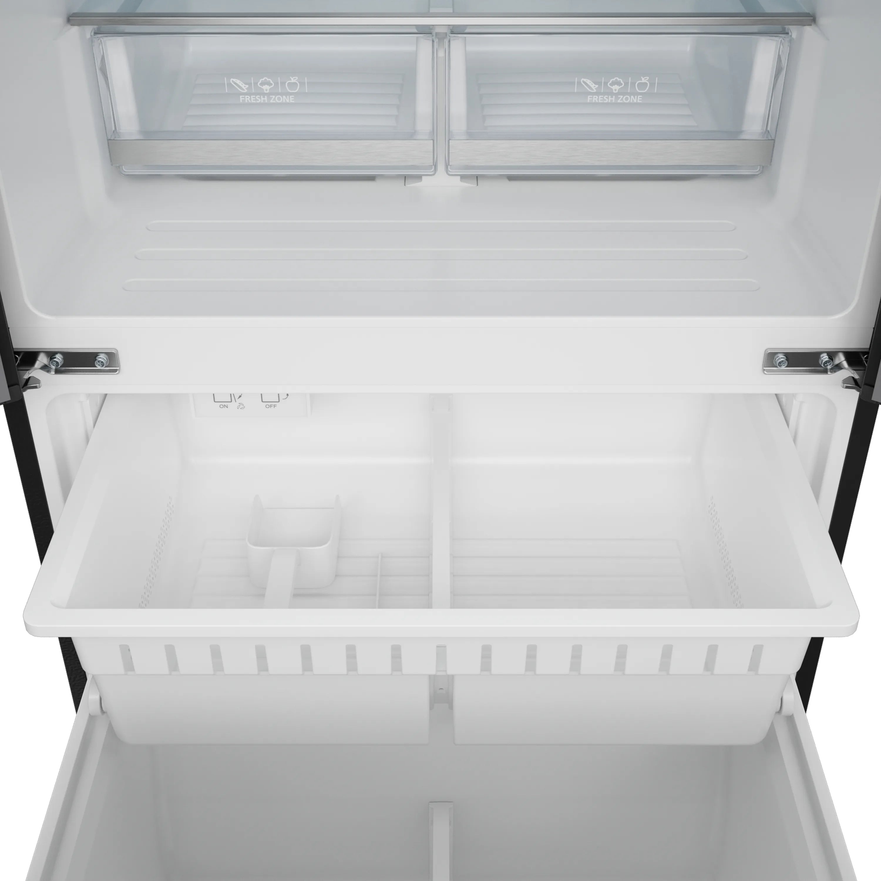 Freezer drawer interior with white storage bins inside a black refrigerator