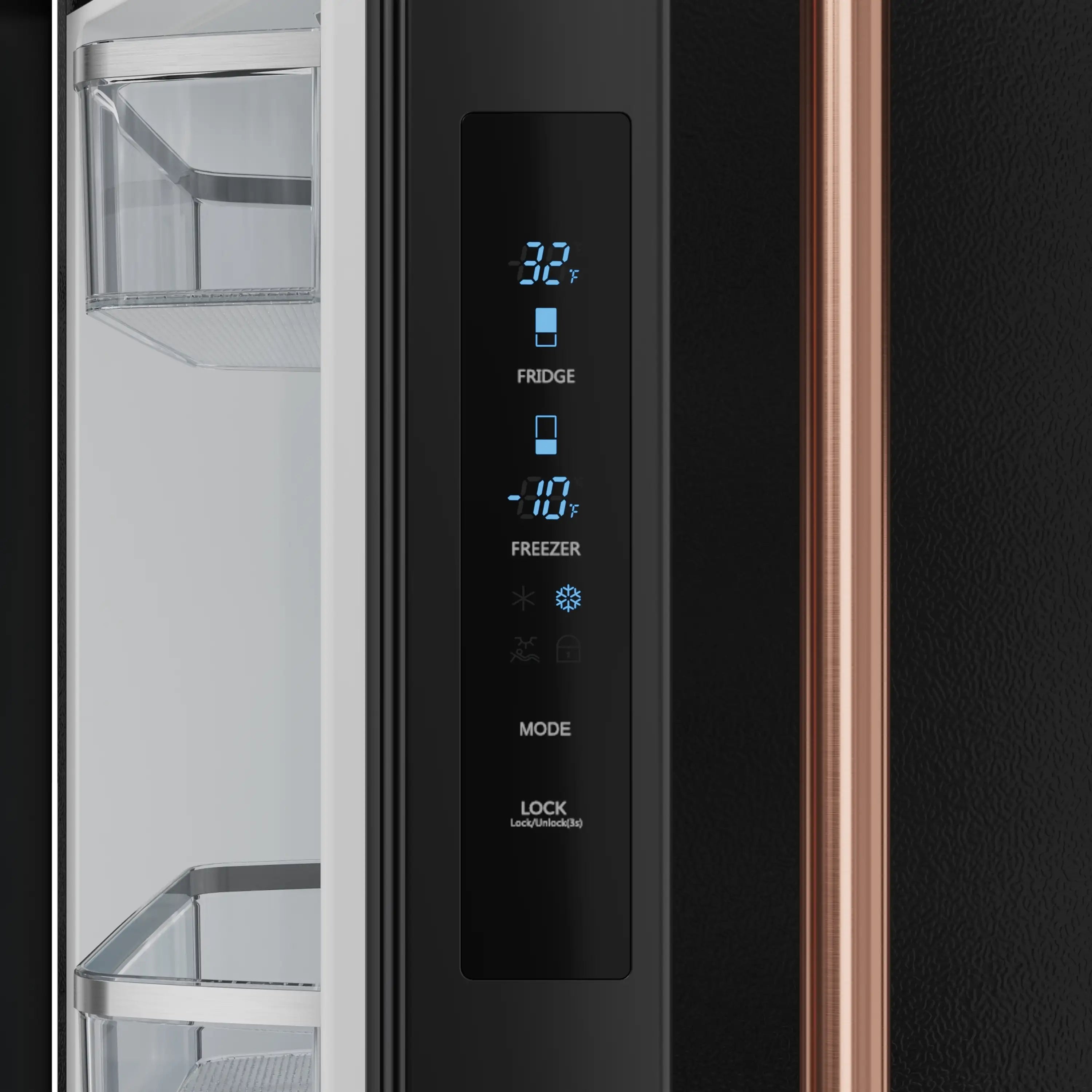 Black refrigerator door control panel with blue digital display and rose gold trim.