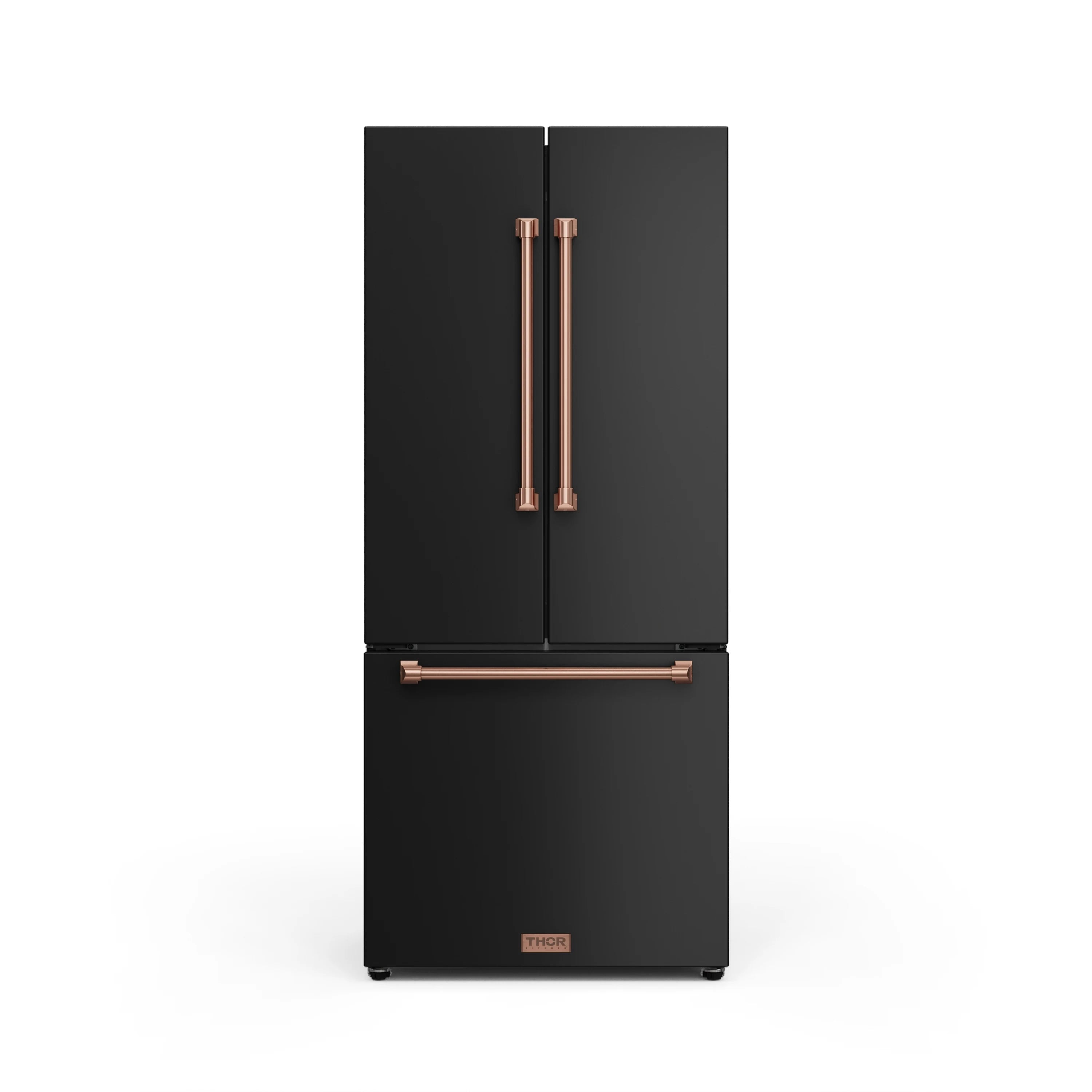 Black two-door refrigerator with rose gold vertical handles, counter-depth design.