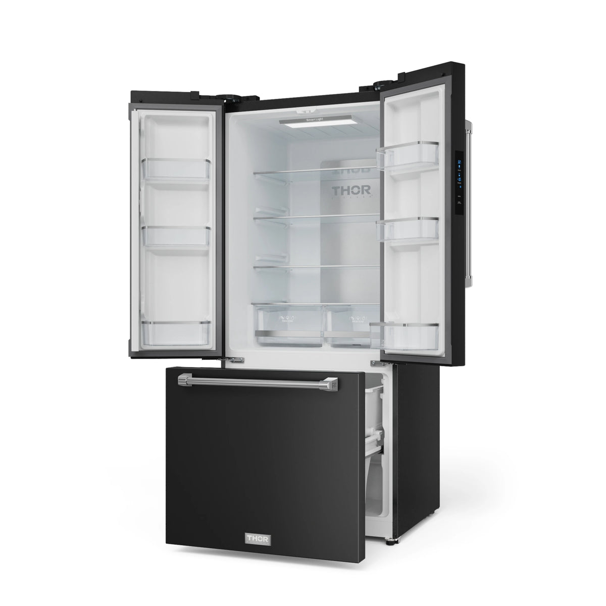 Black French door counter-depth refrigerator with ice maker, doors open to white interior