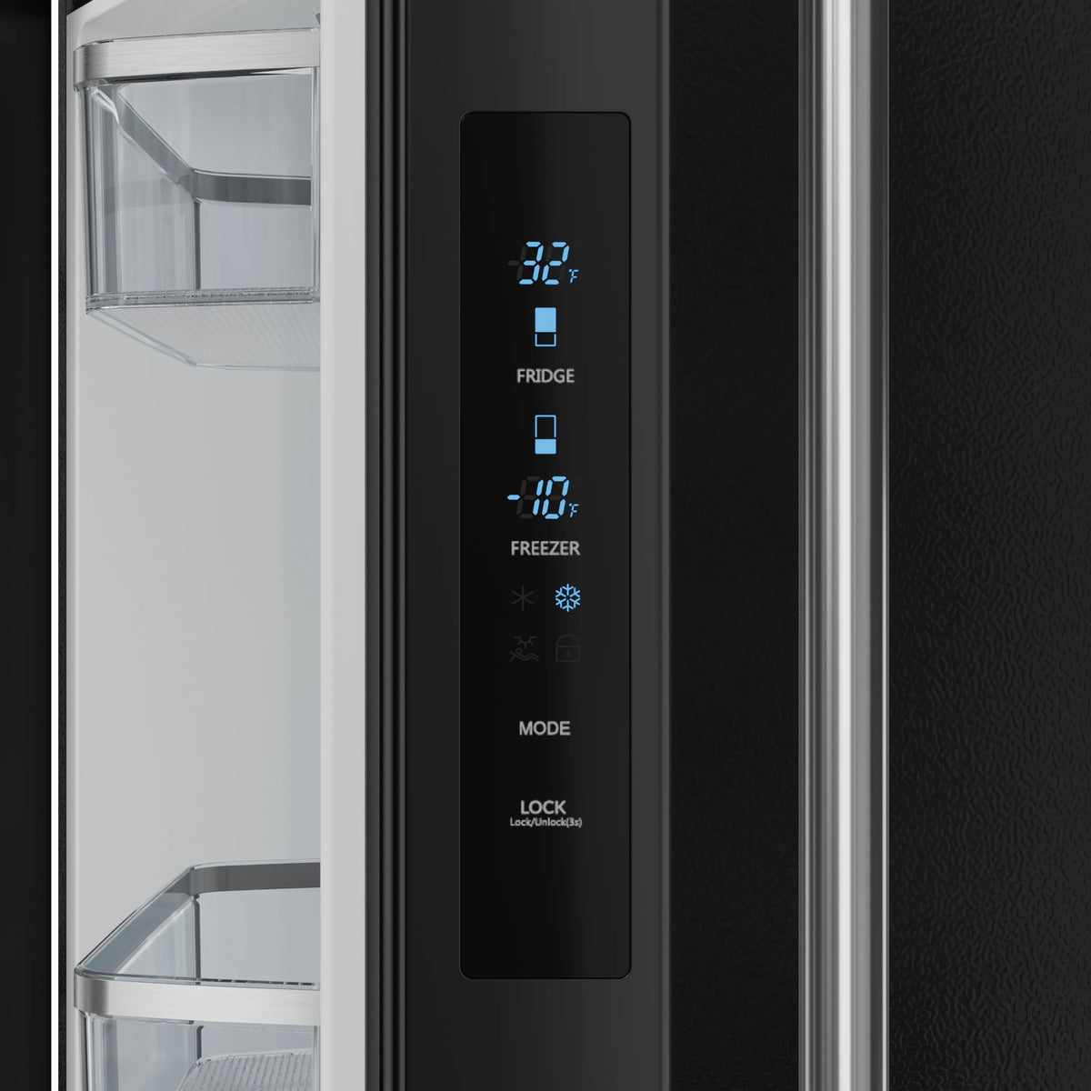 Black refrigerator door with digital temperature display and control panel