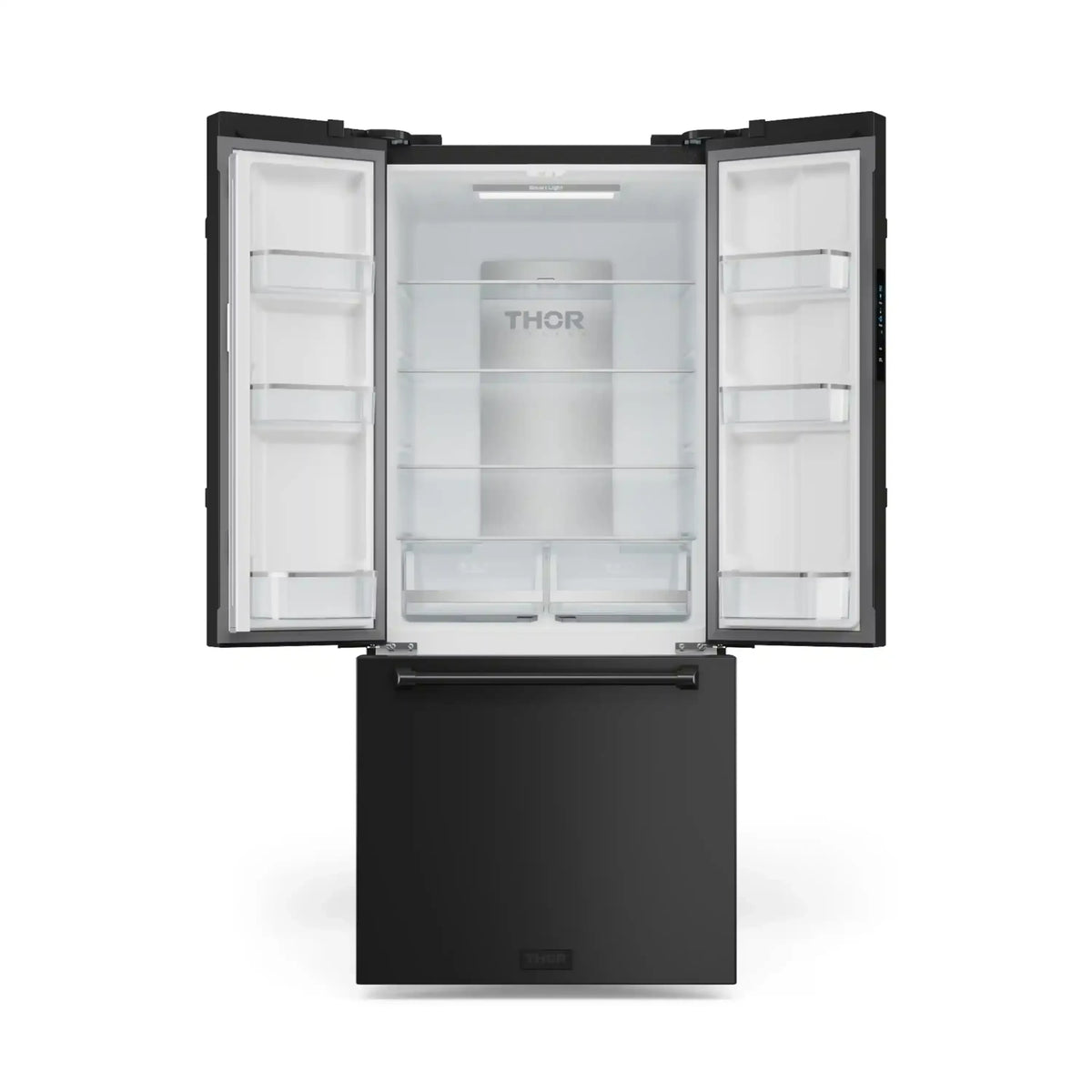 Black French door refrigerator with both doors open