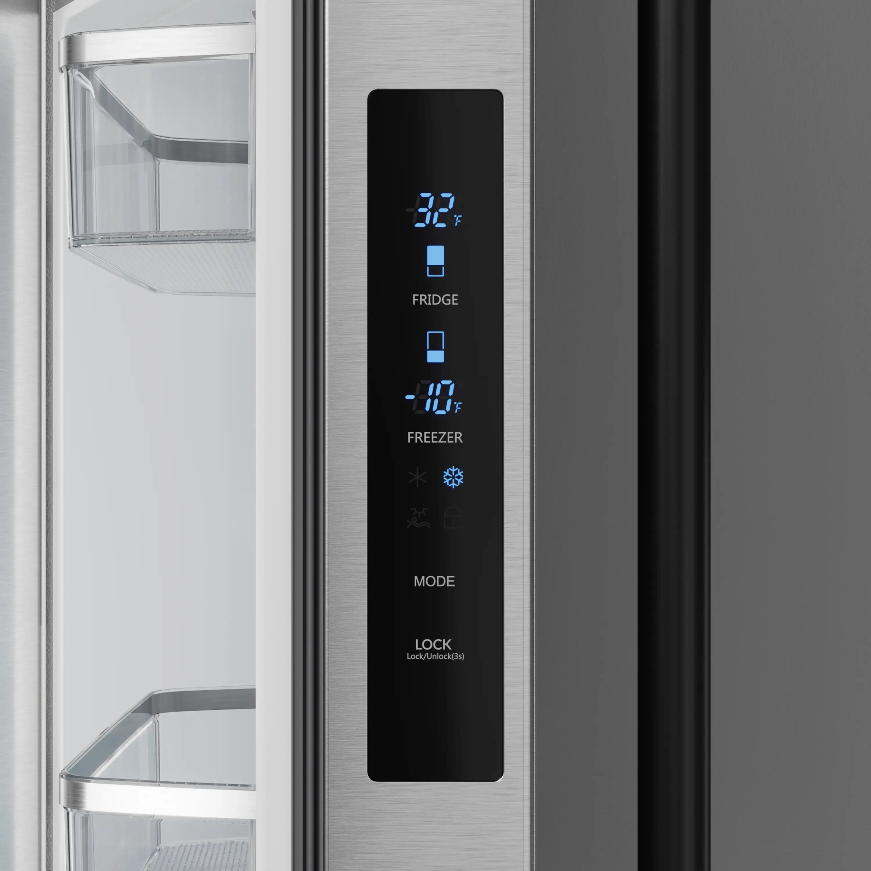Stainless steel refrigerator door with black control panel and blue digital temperature display