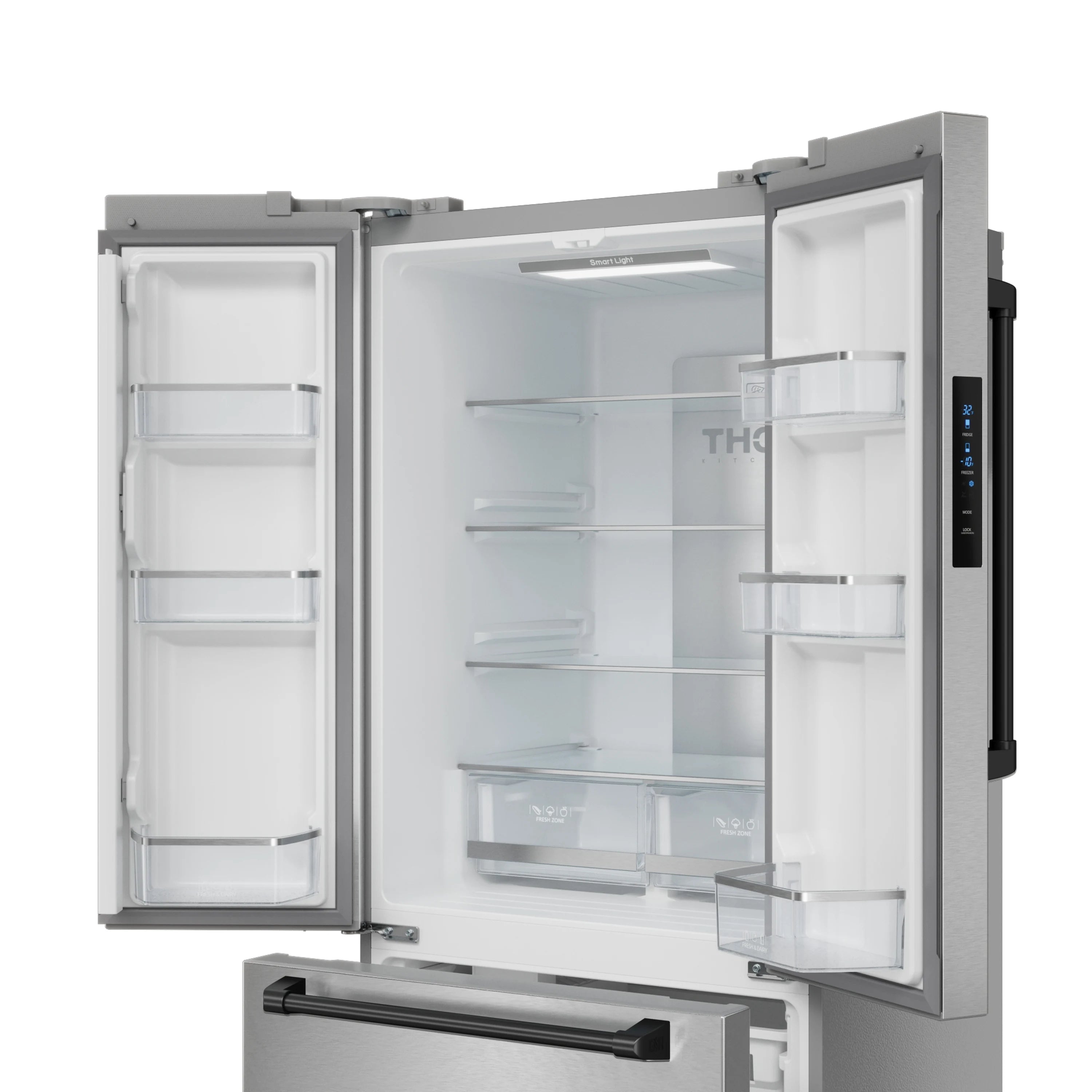 Stainless steel French-door counter-depth refrigerator with open doors and glass shelves