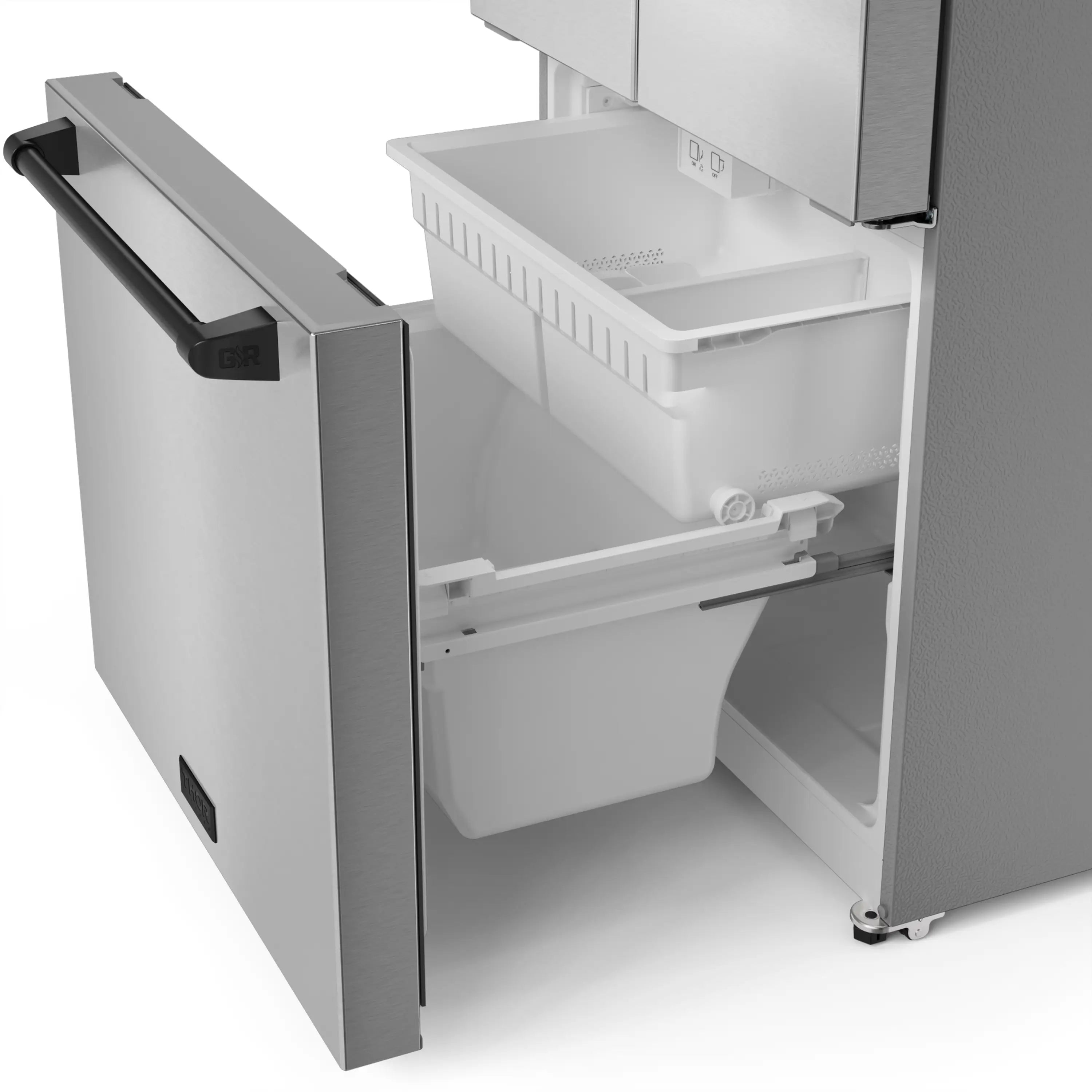 Counter-depth refrigerator with open ice maker drawer and interior storage bin