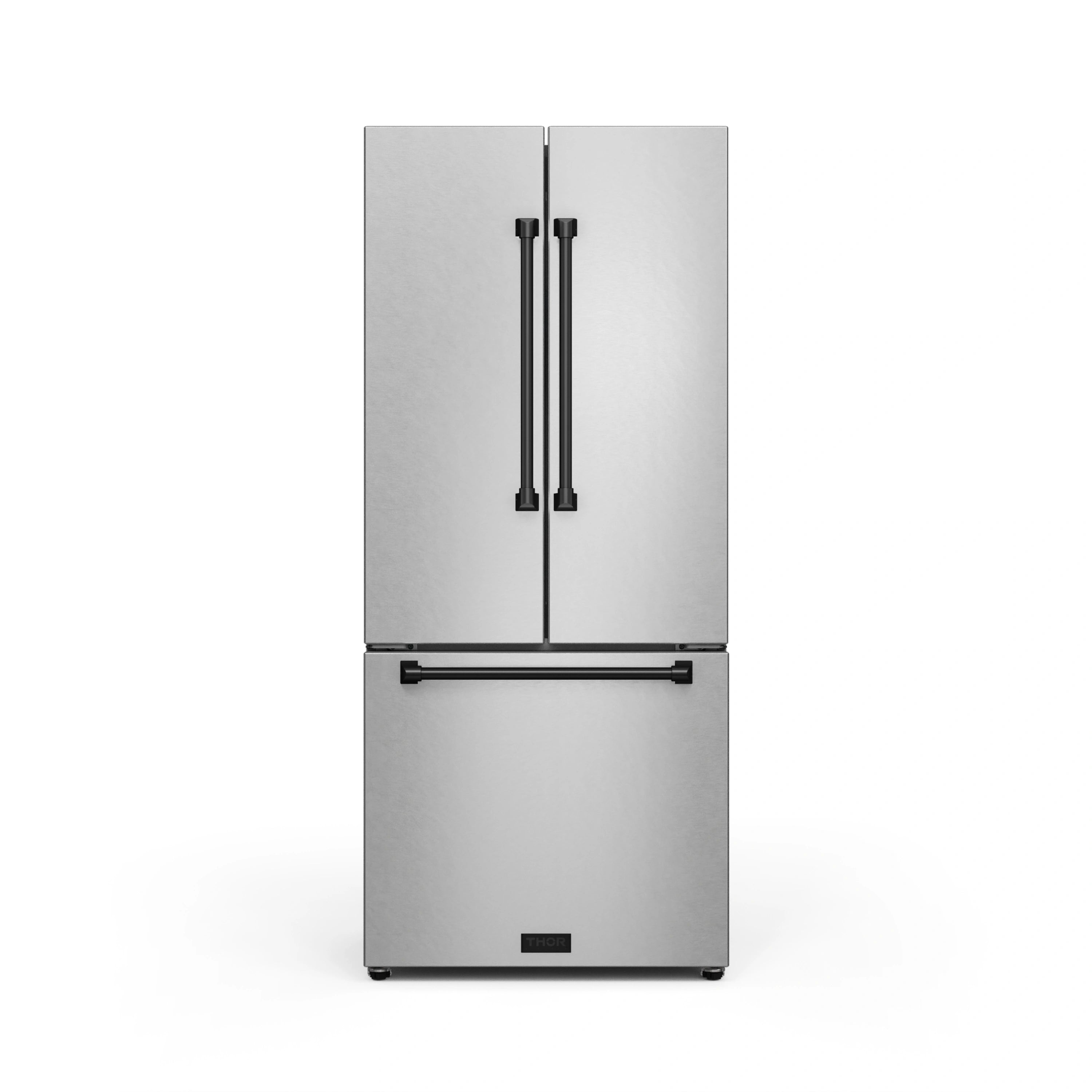Stainless steel French-door refrigerator with black bar handle and double vertical handles
