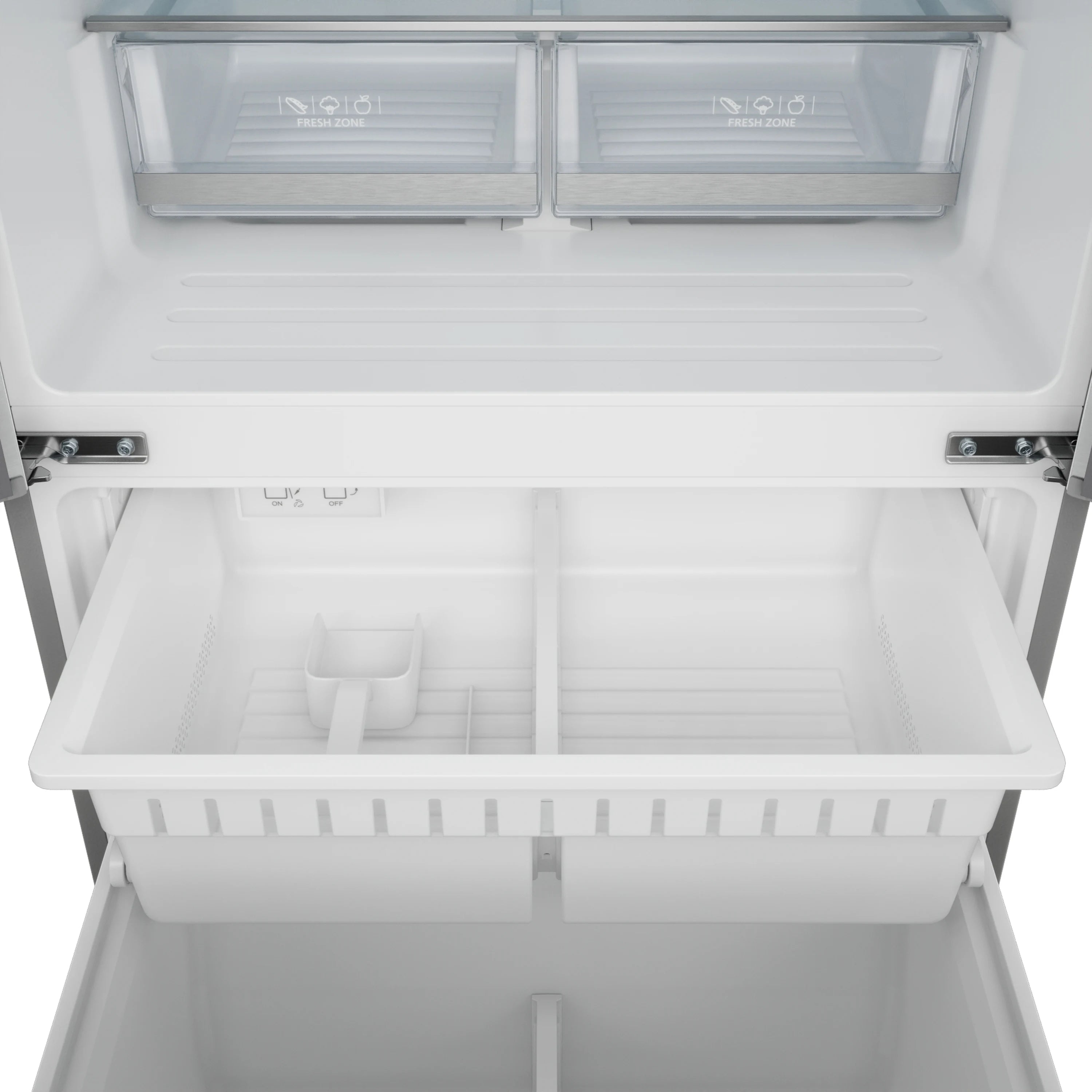 Refrigerator interior with top glass shelves and bottom crisper drawers