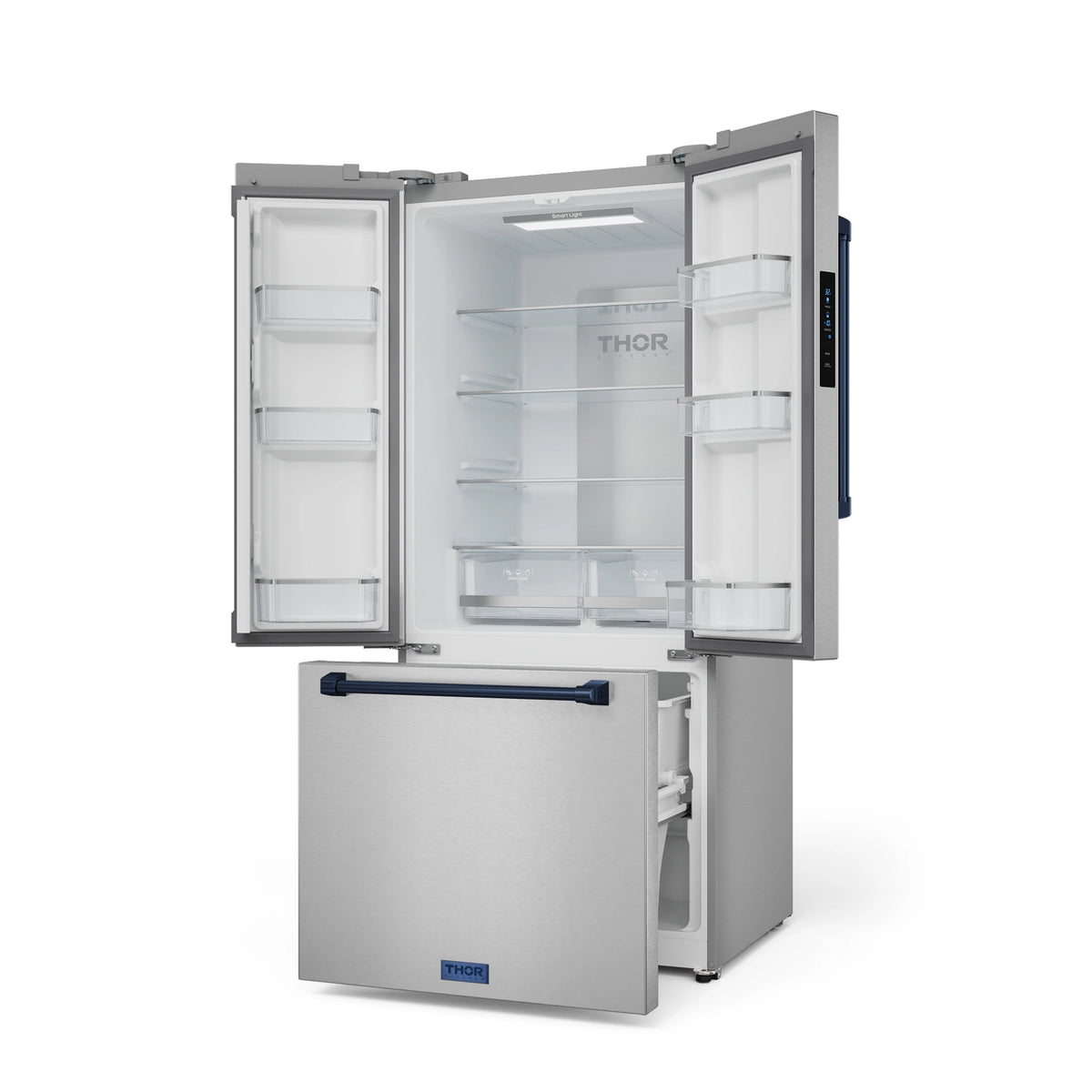 Stainless steel French door refrigerator with open fridge interior and navy handle