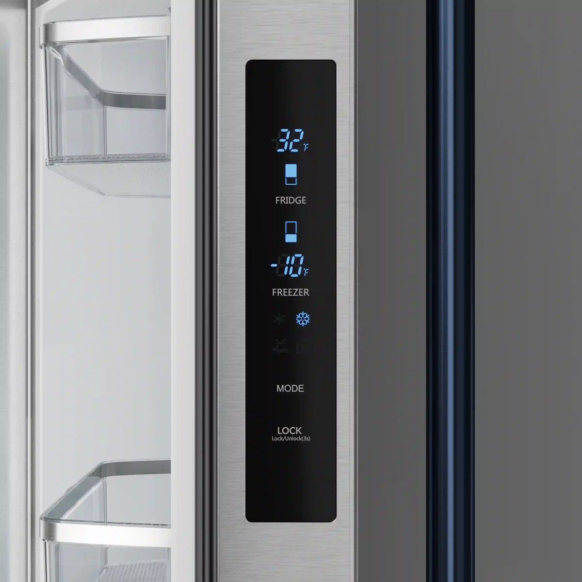 Stainless steel refrigerator control panel with blue digital display