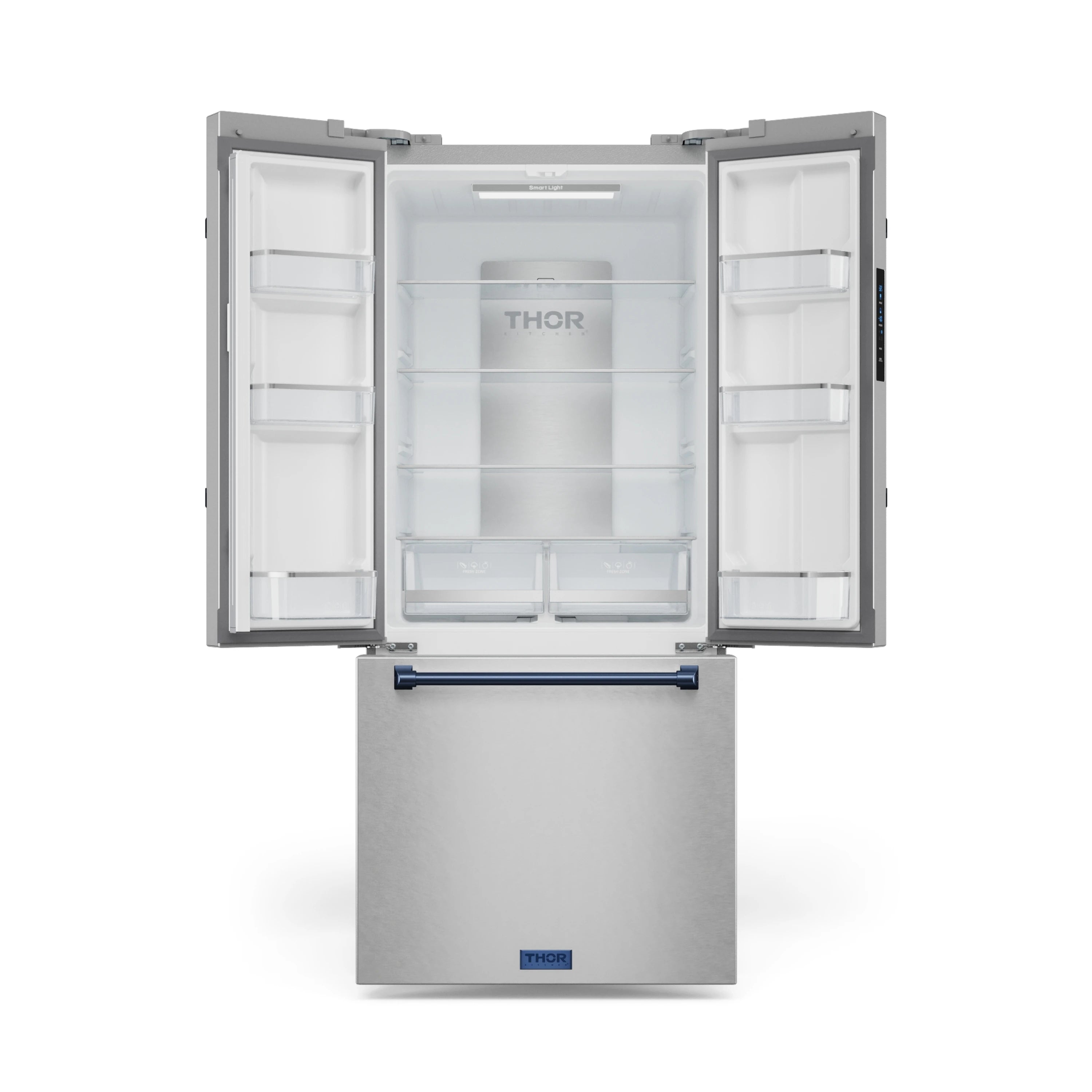 Stainless steel French door refrigerator with open upper doors and bottom freezer