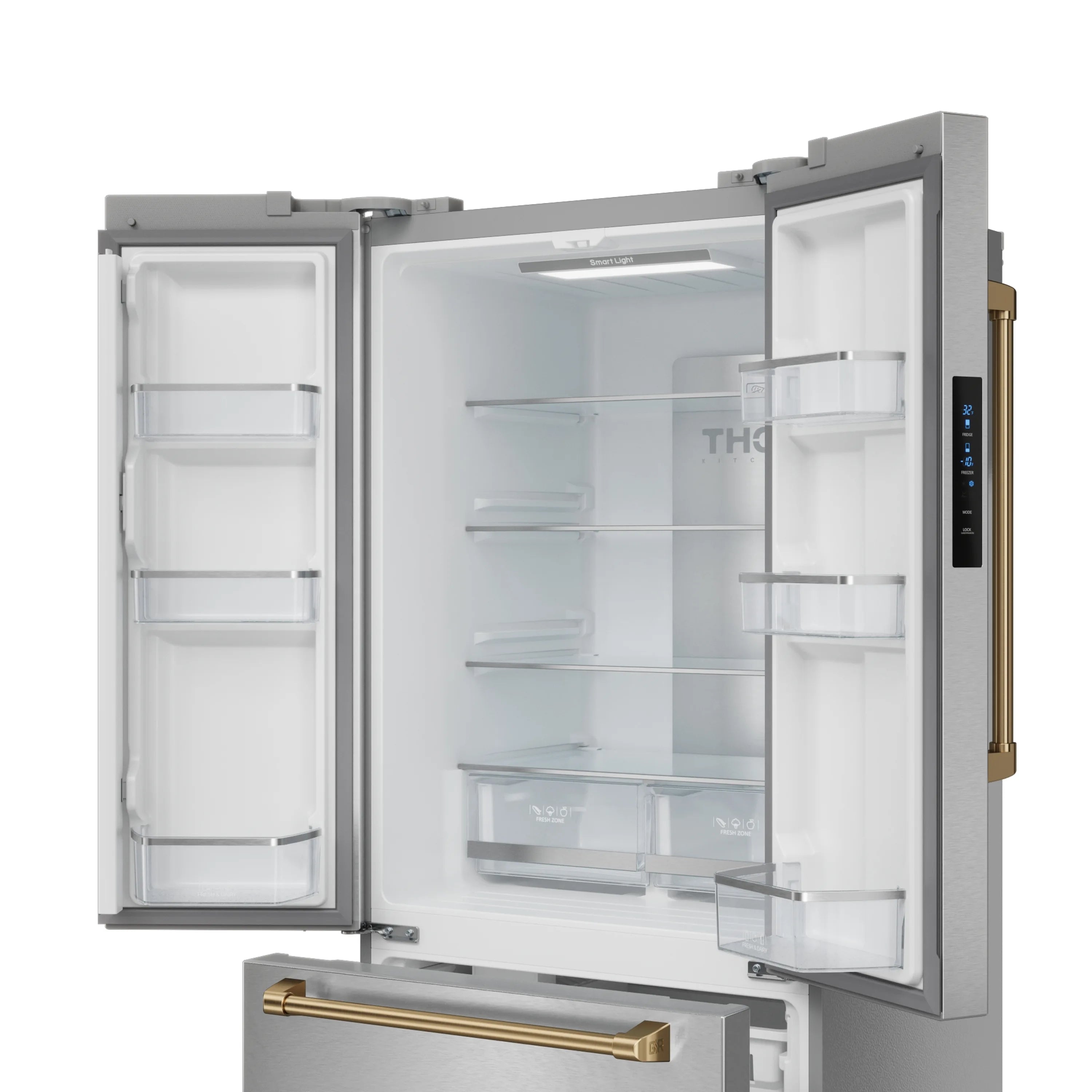 French door refrigerator open with adjustable glass shelves and interior bins