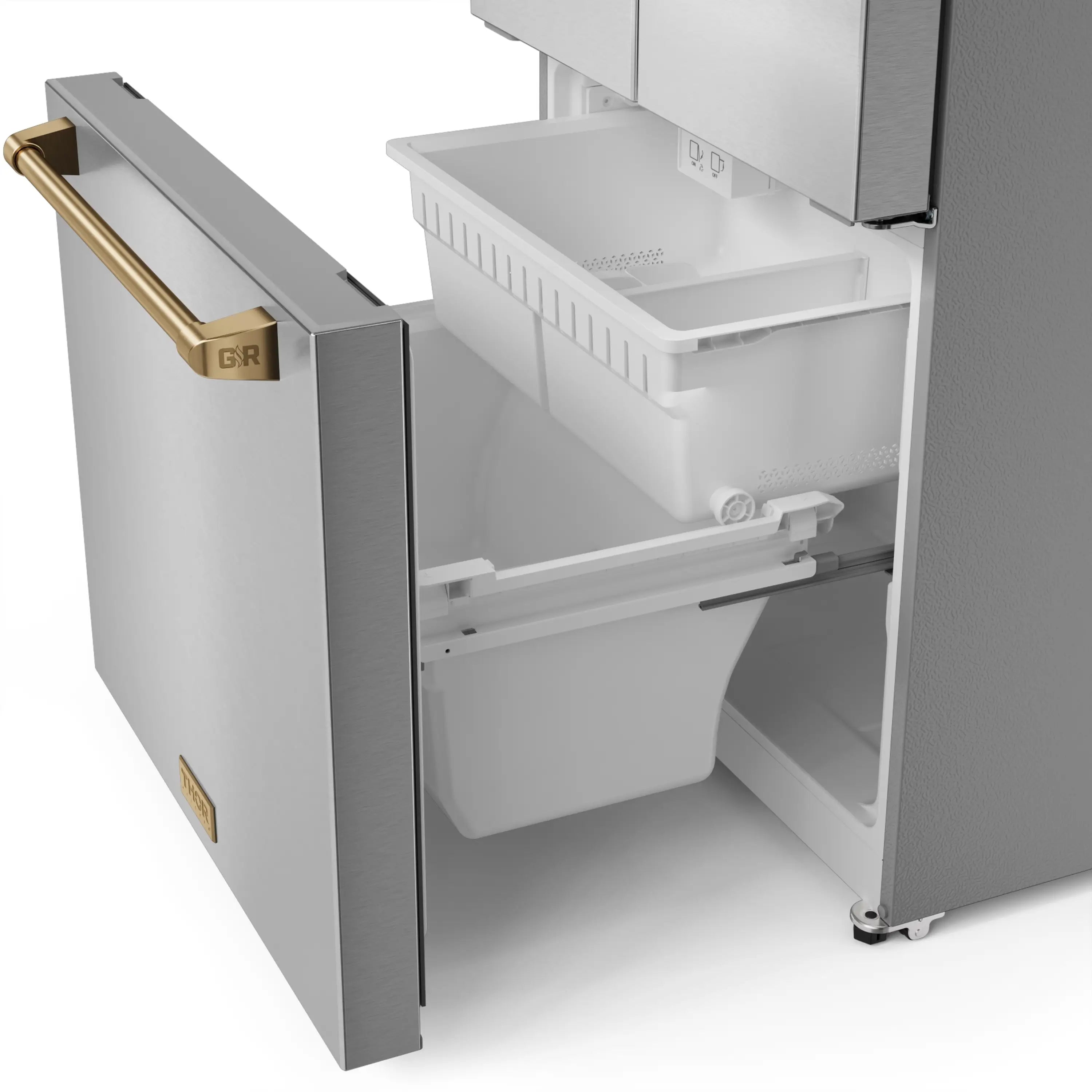 Open freezer drawer with clear bins and bronze handle on refrigerator