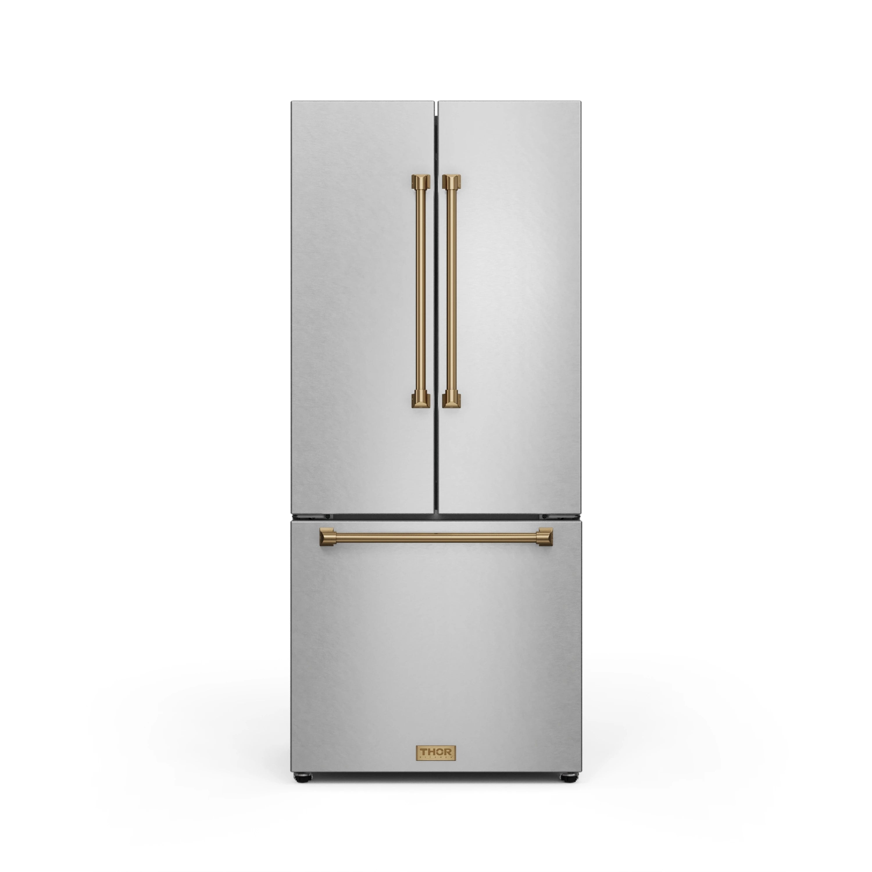 Stainless steel French door refrigerator with bronze vertical handles and lower freezer