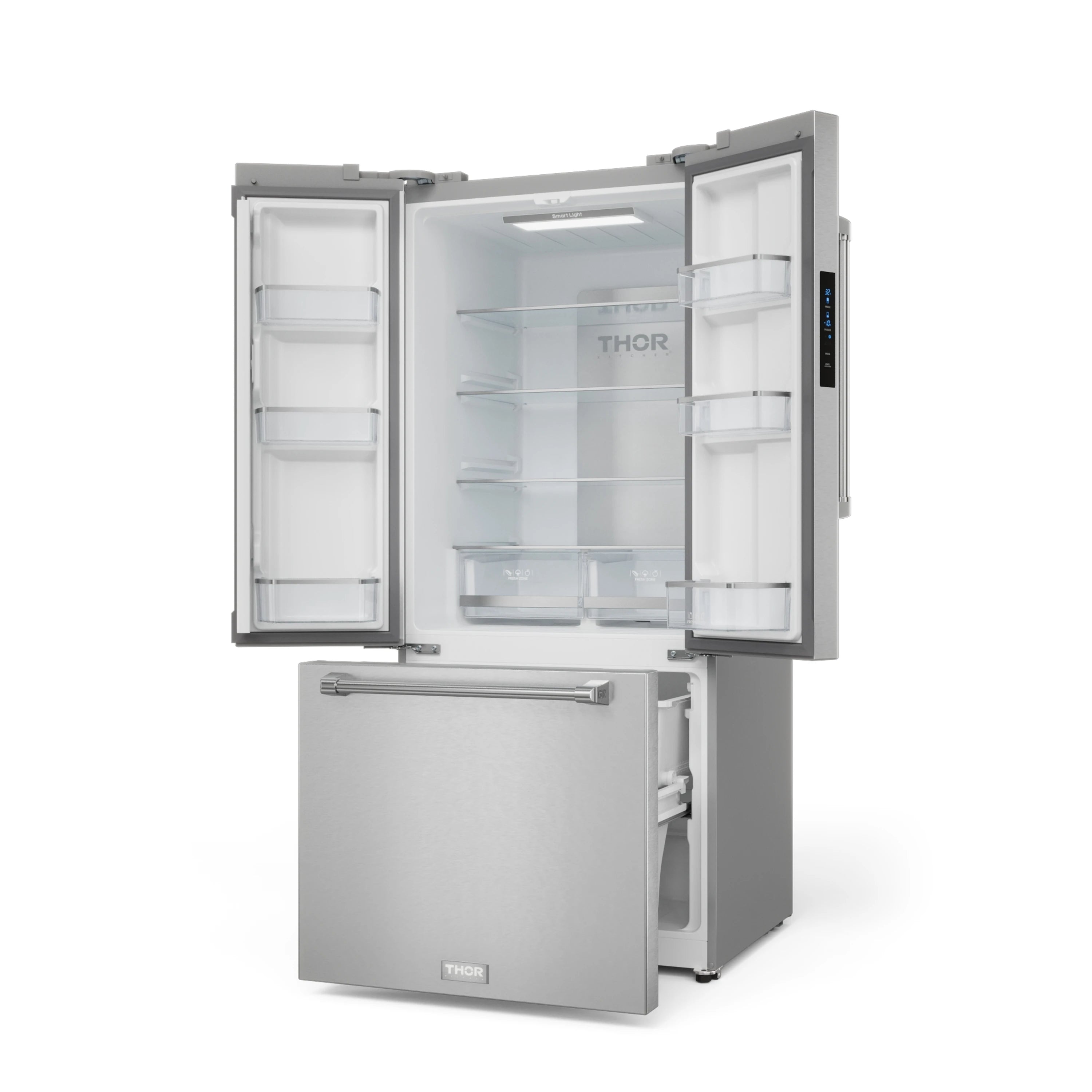 Stainless steel refrigerator with French doors open and freezer compartment below