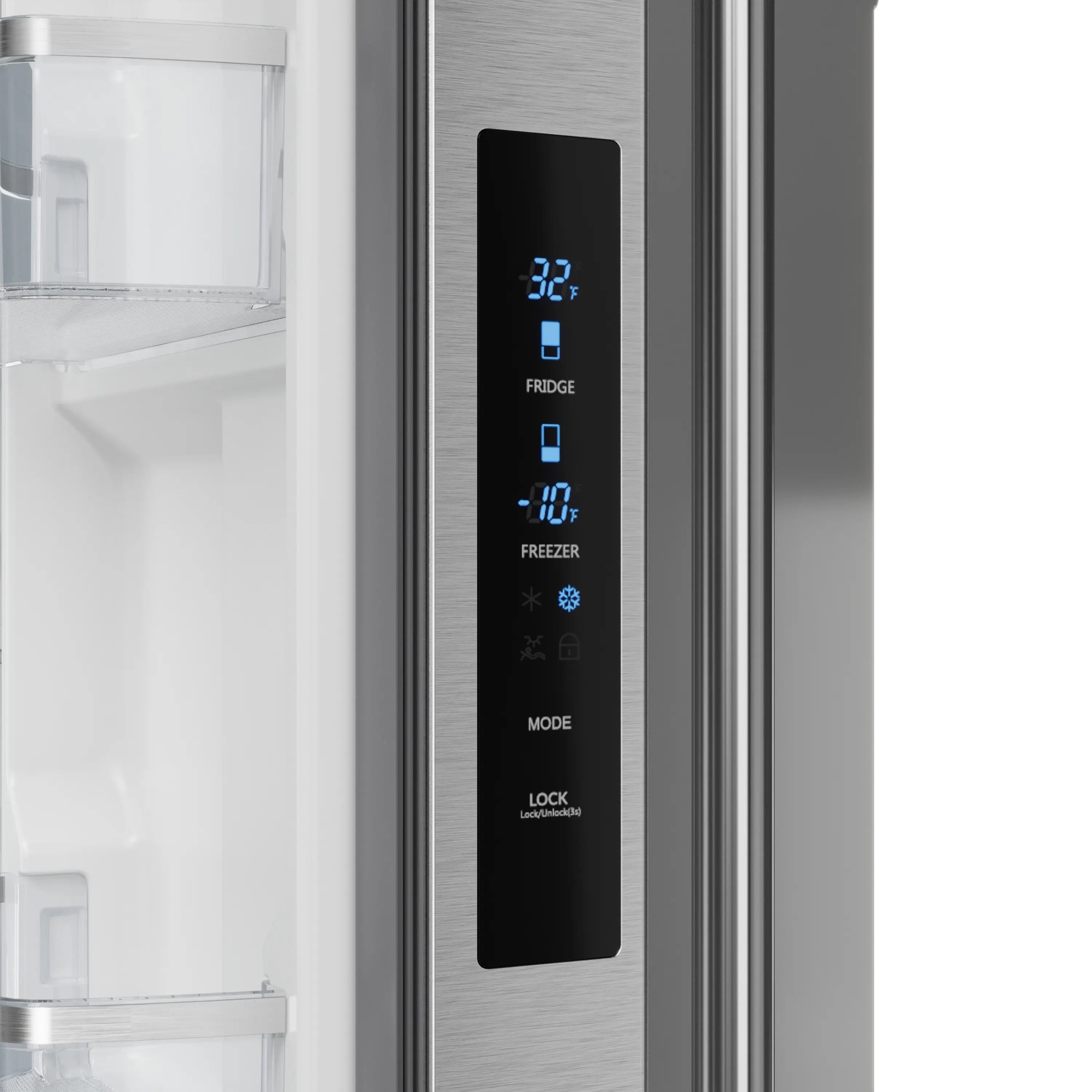 Stainless steel refrigerator control panel with blue digital temperature display