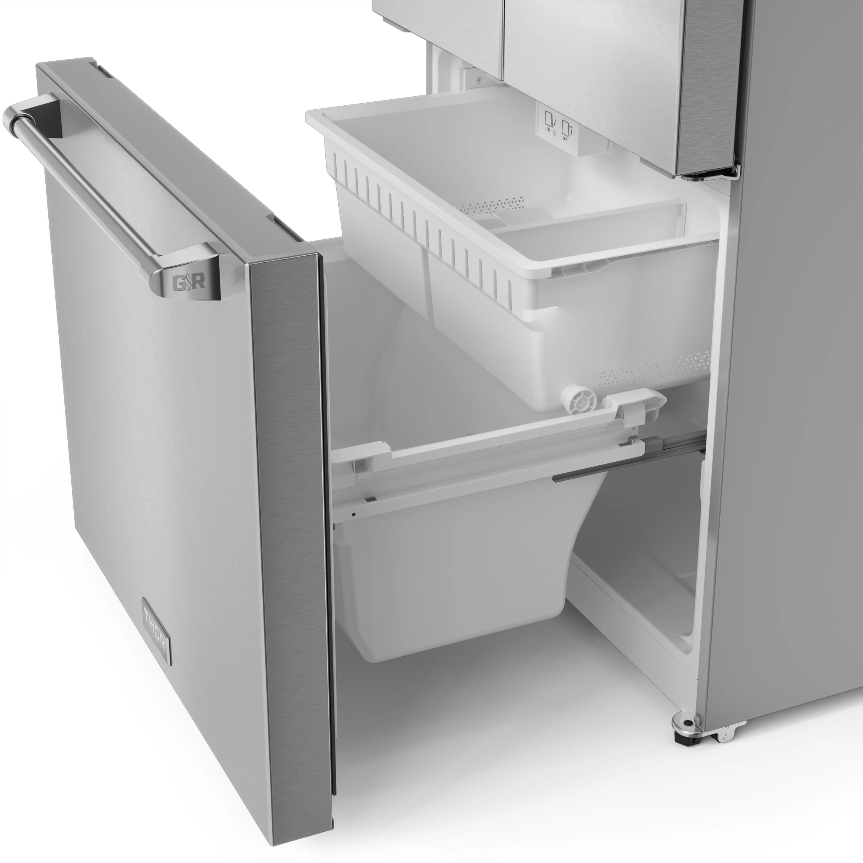Stainless steel refrigerator door open with internal ice bin and pull-out drawer