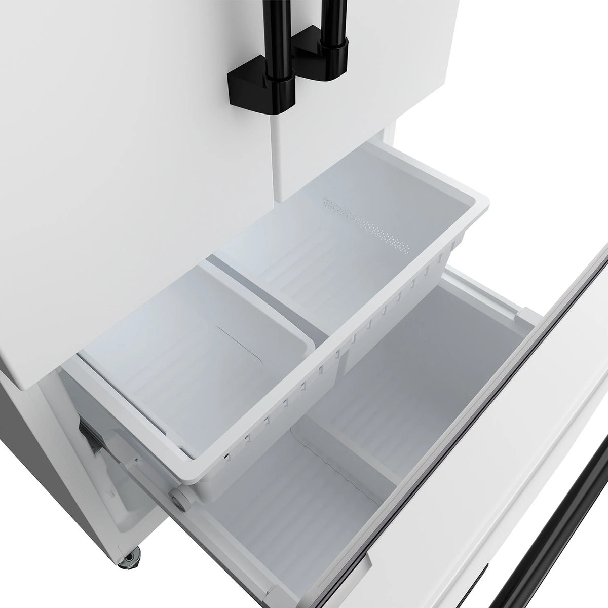 Freezer drawer interior with pull-out bin and shelf dividers