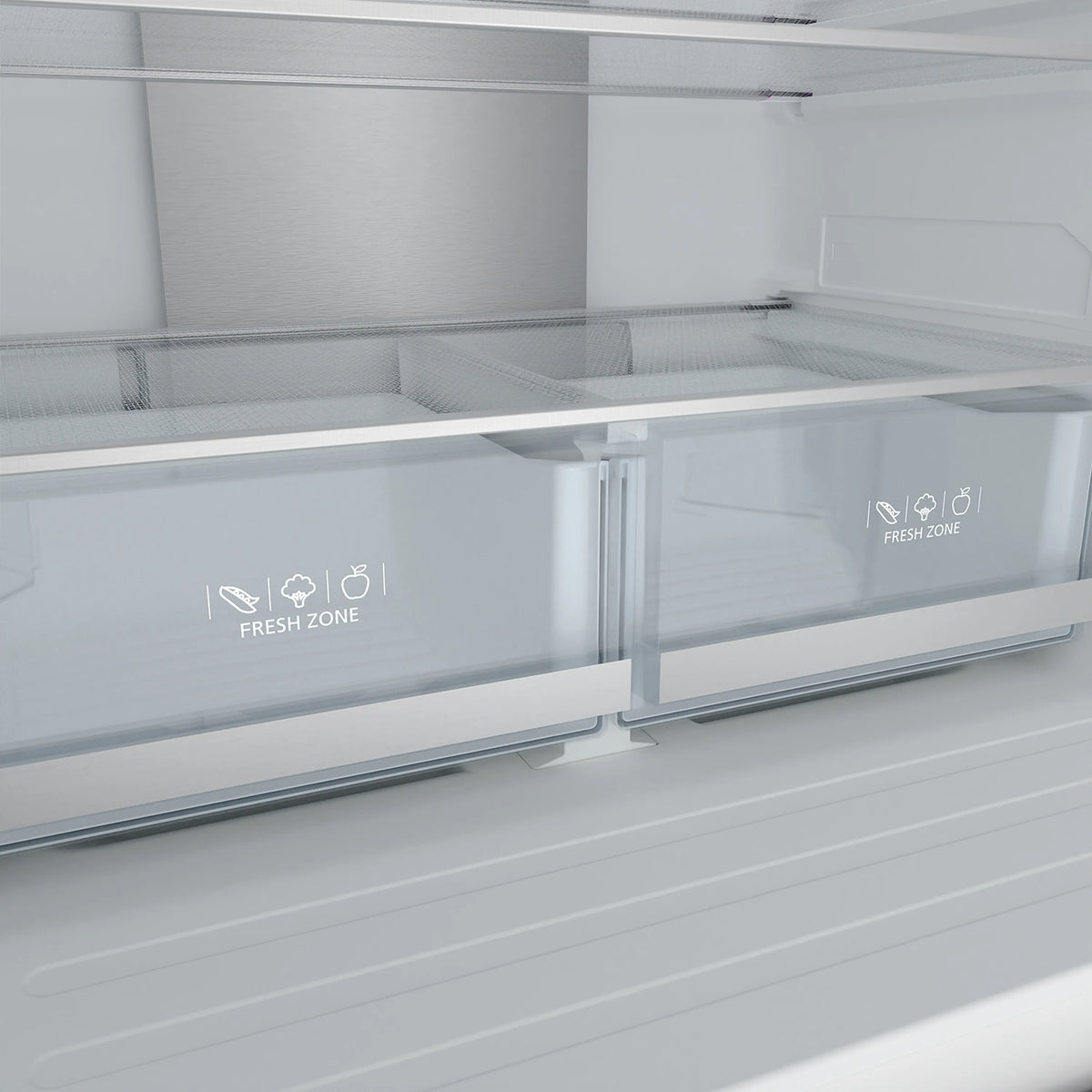 Refrigerator interior with shelves and crisp produce drawer