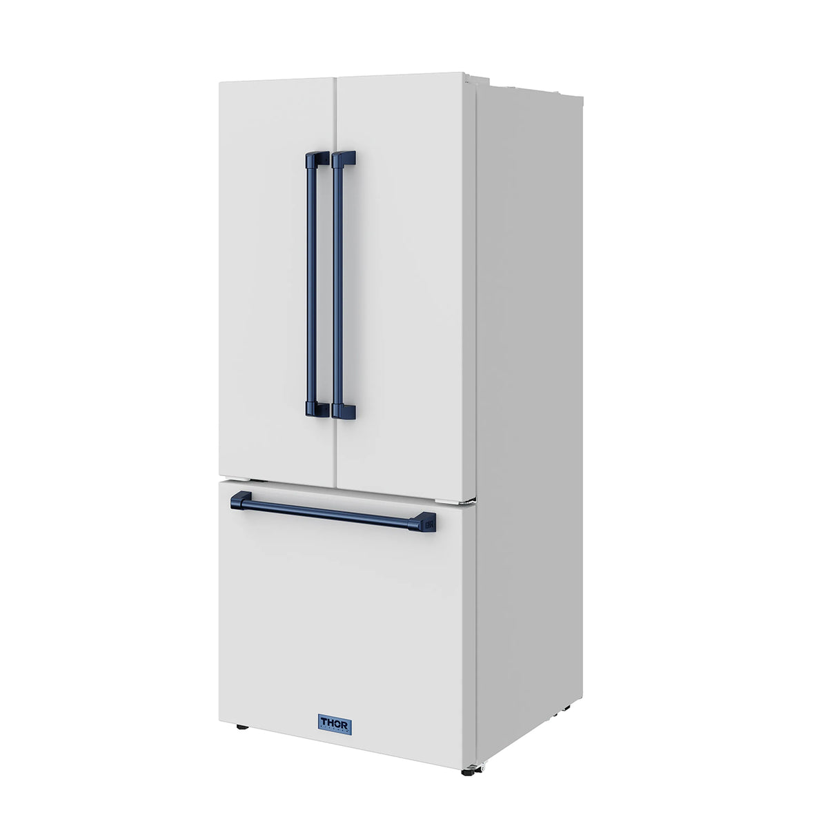 White French door refrigerator with blue handles and ice maker drawer, front view