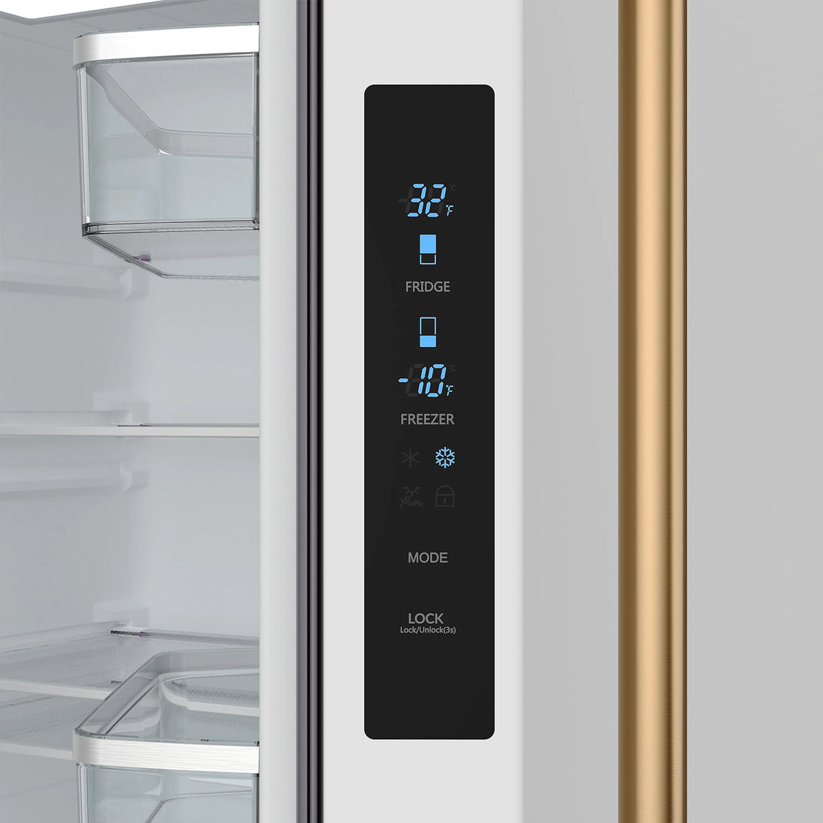 White refrigerator control panel with blue LED display, bronze handle trim, door exterior