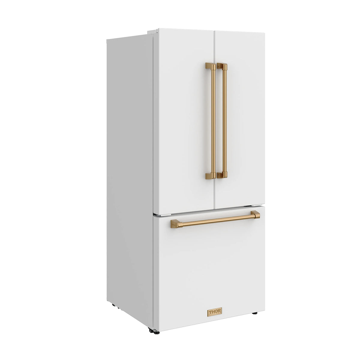 White French door refrigerator with bronze vertical handle bars and bottom freezer door