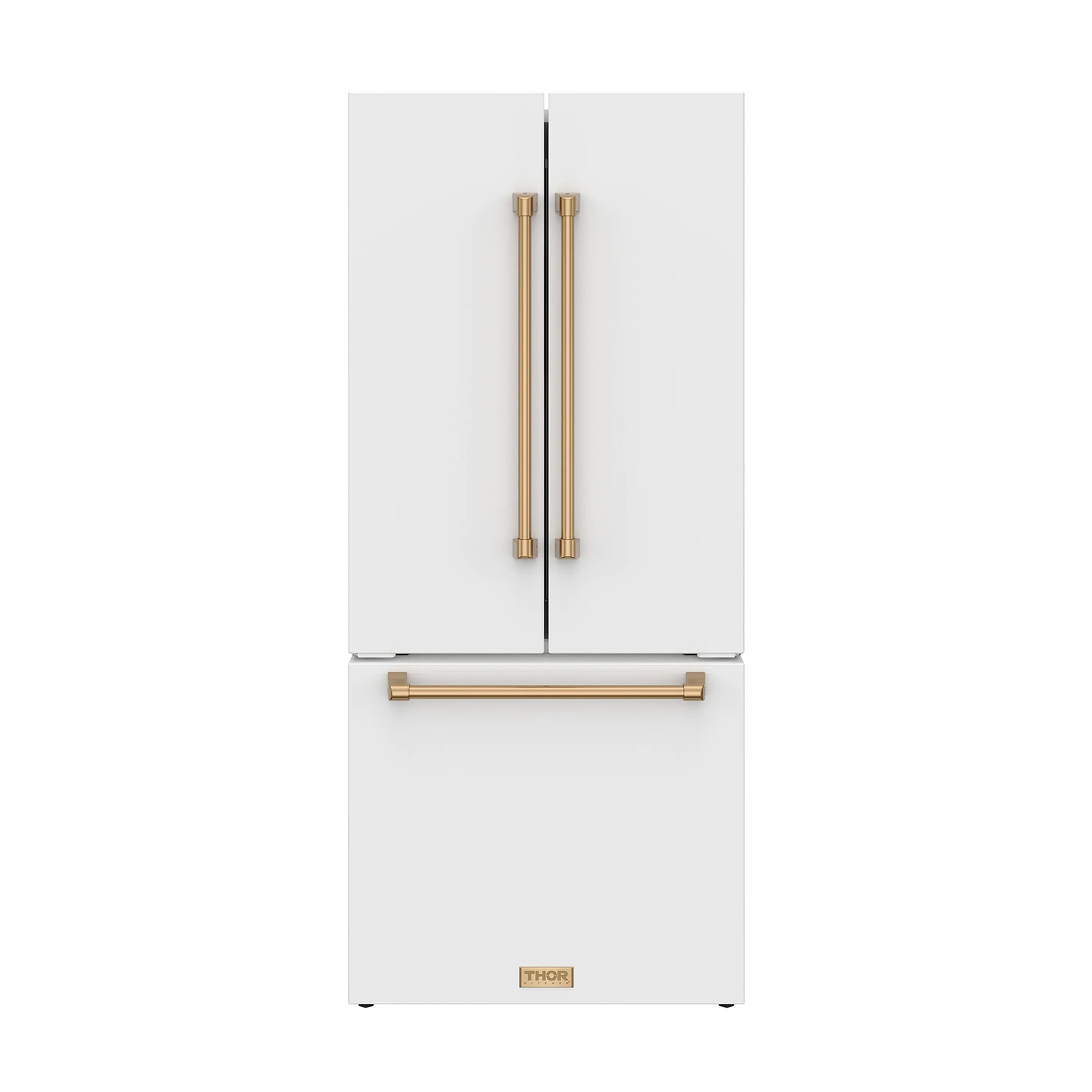 White French door counter-depth refrigerator with bronze handles and central divider seam