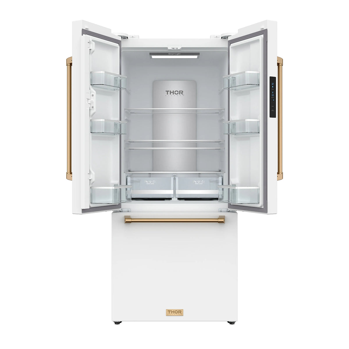 White French door refrigerator with both doors open showing storage shelves and drawers, bronze handles