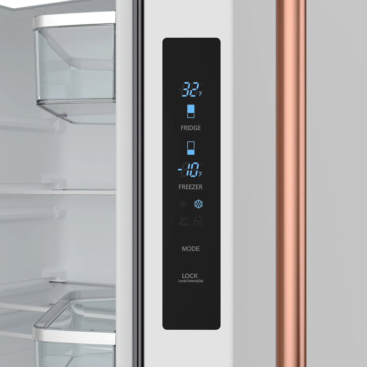 White refrigerator control panel with blue digital display for fridge and freezer settings