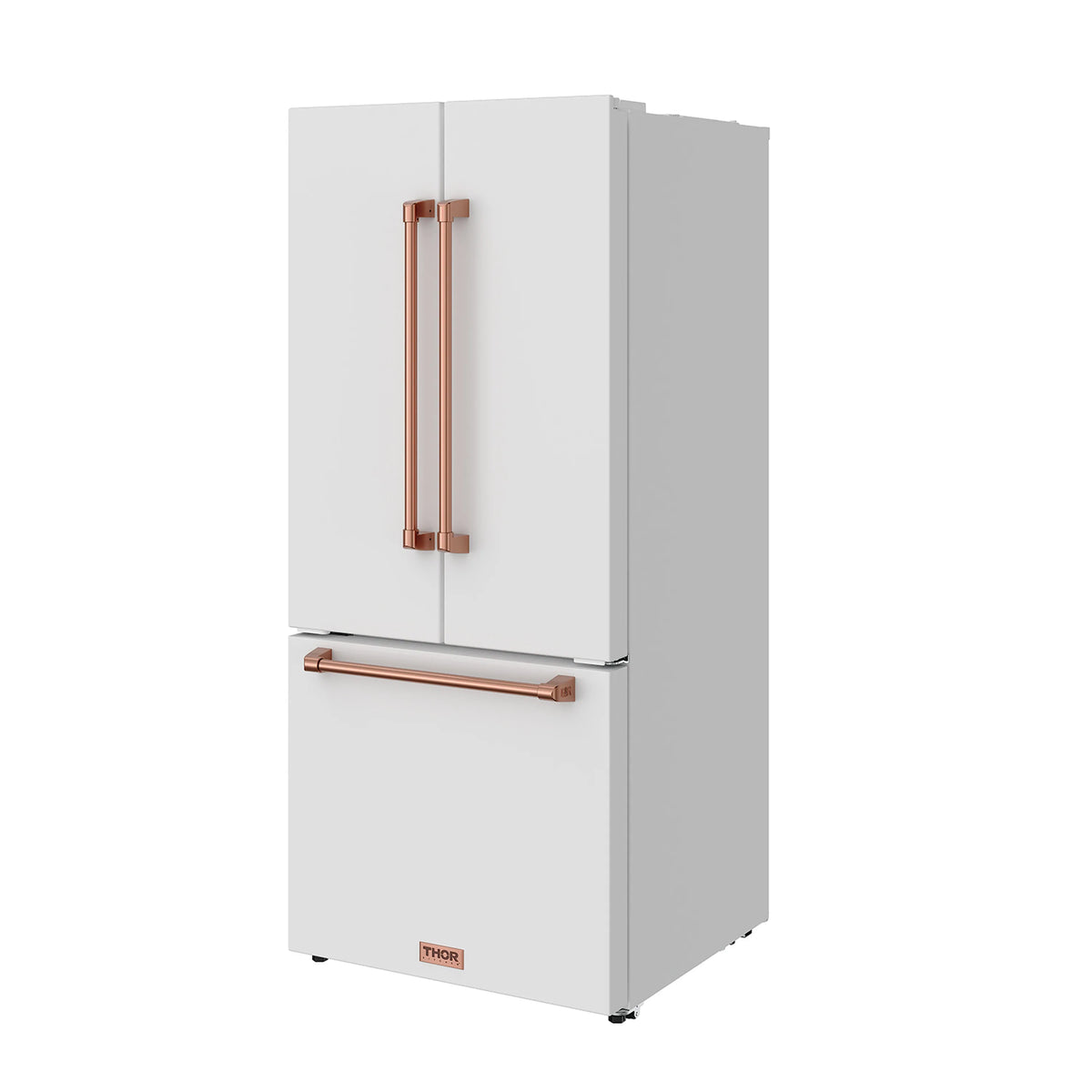 White double-door refrigerator with rose-gold vertical handle accents and lower front handle bar
