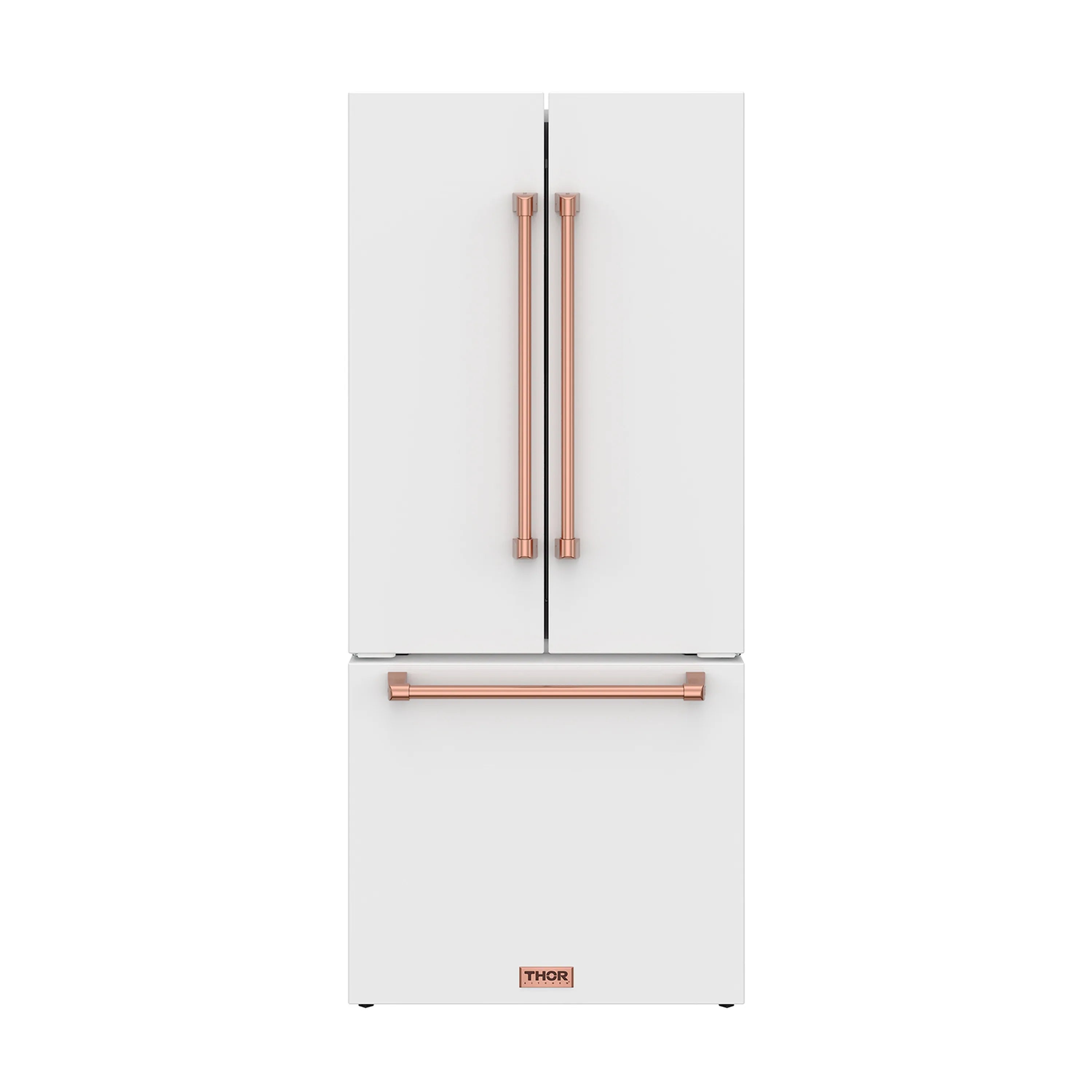 White French door refrigerator with rose-gold handles and slim horizontal dispenser bar