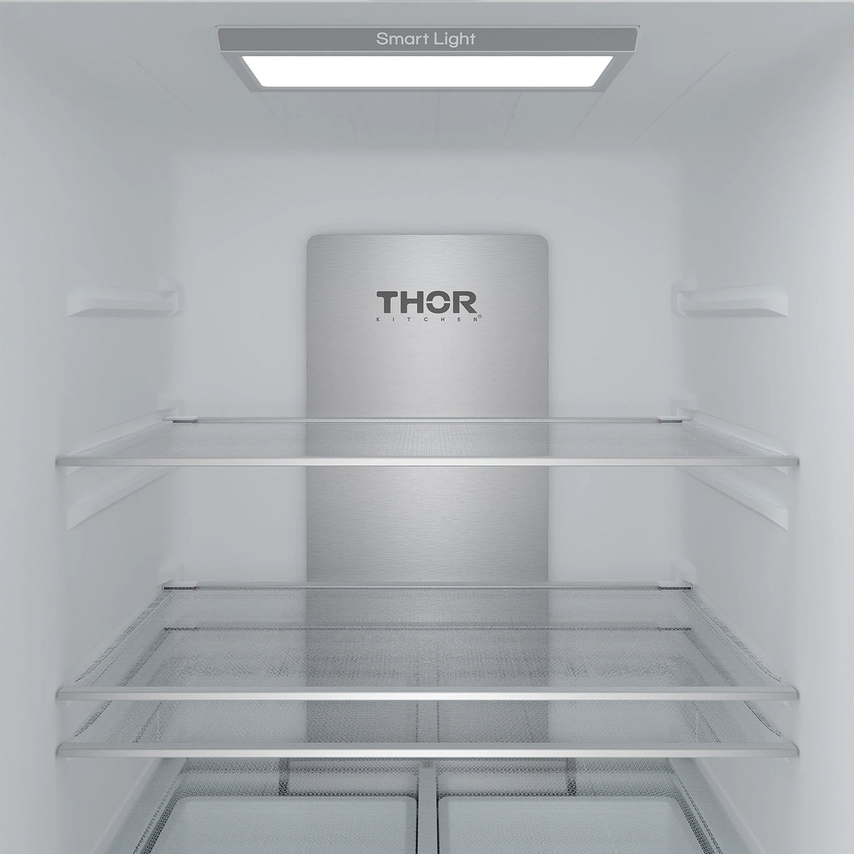 Interior of white refrigerator with glass shelves and Smart Light