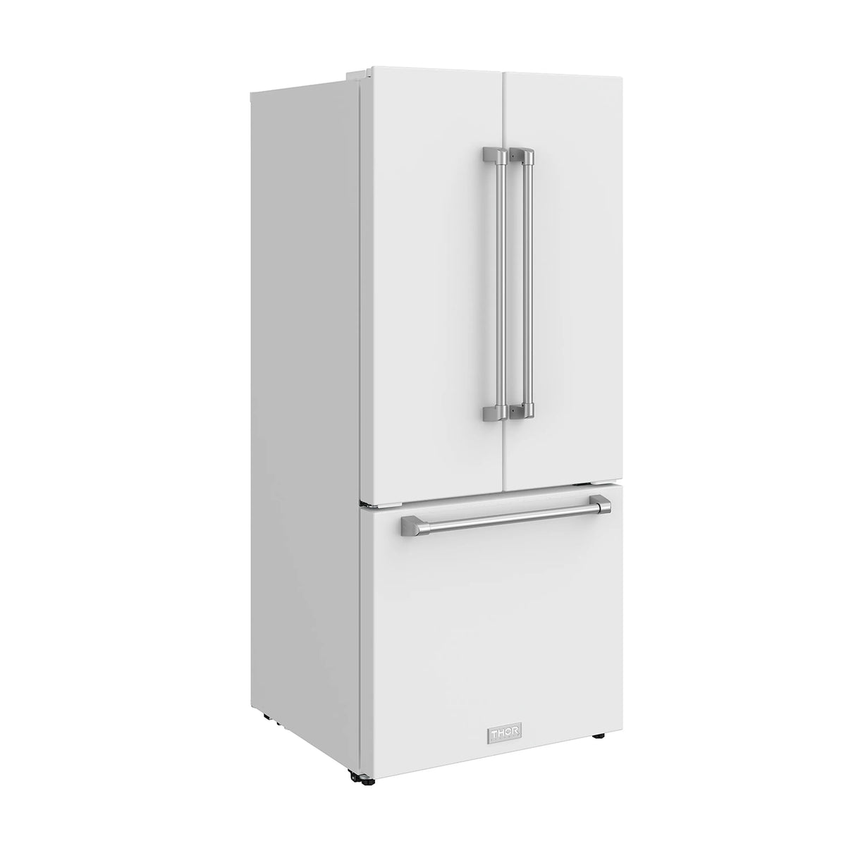 White French door refrigerator with side handles and top freezer section