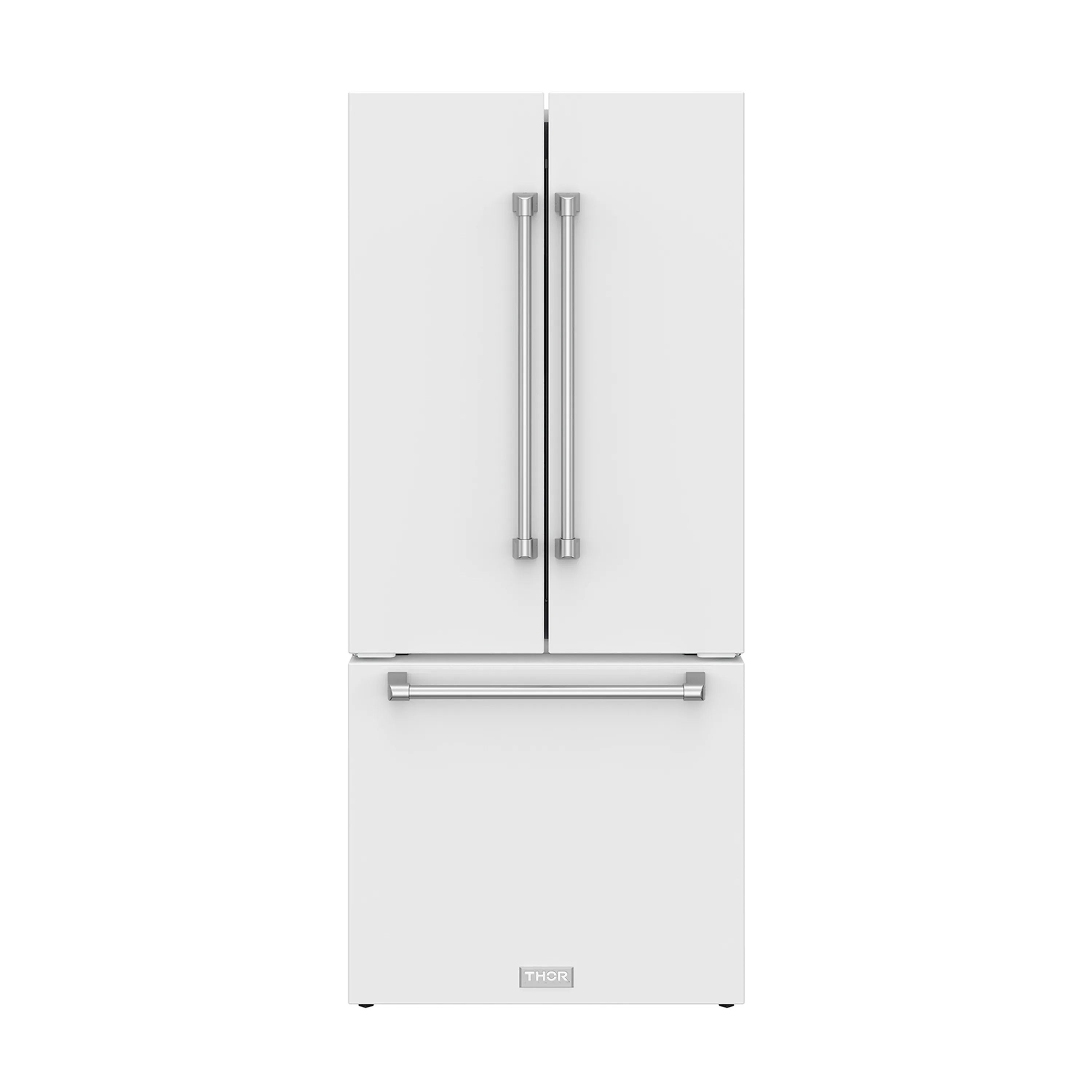 White French door refrigerator with tall handles and bottom freezer drawer