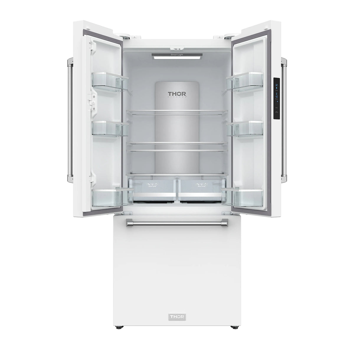 White French door refrigerator open with shelves, bins, and pull-out drawer