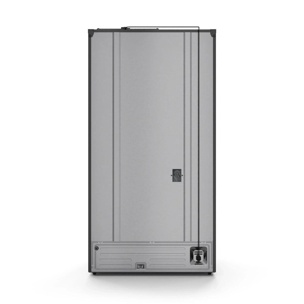 Black refrigerator with doors closed and built-in control panel at lower right